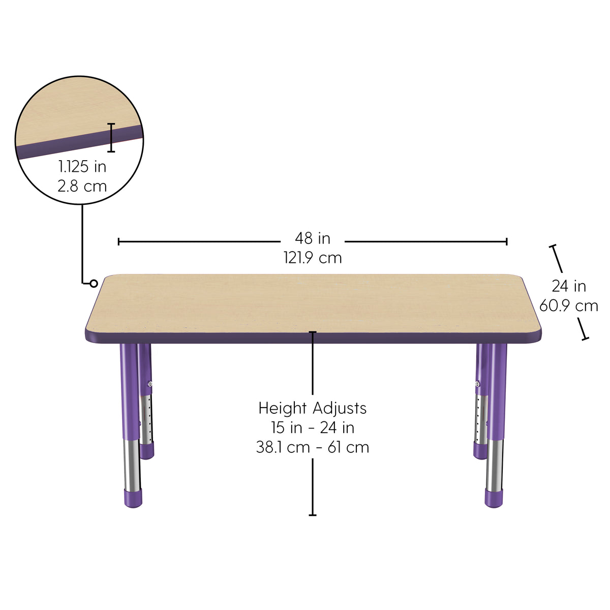 24" x 48" Rectangle T-Molding Activity Table with Adjustable Chunky Legs - Maple/Purple