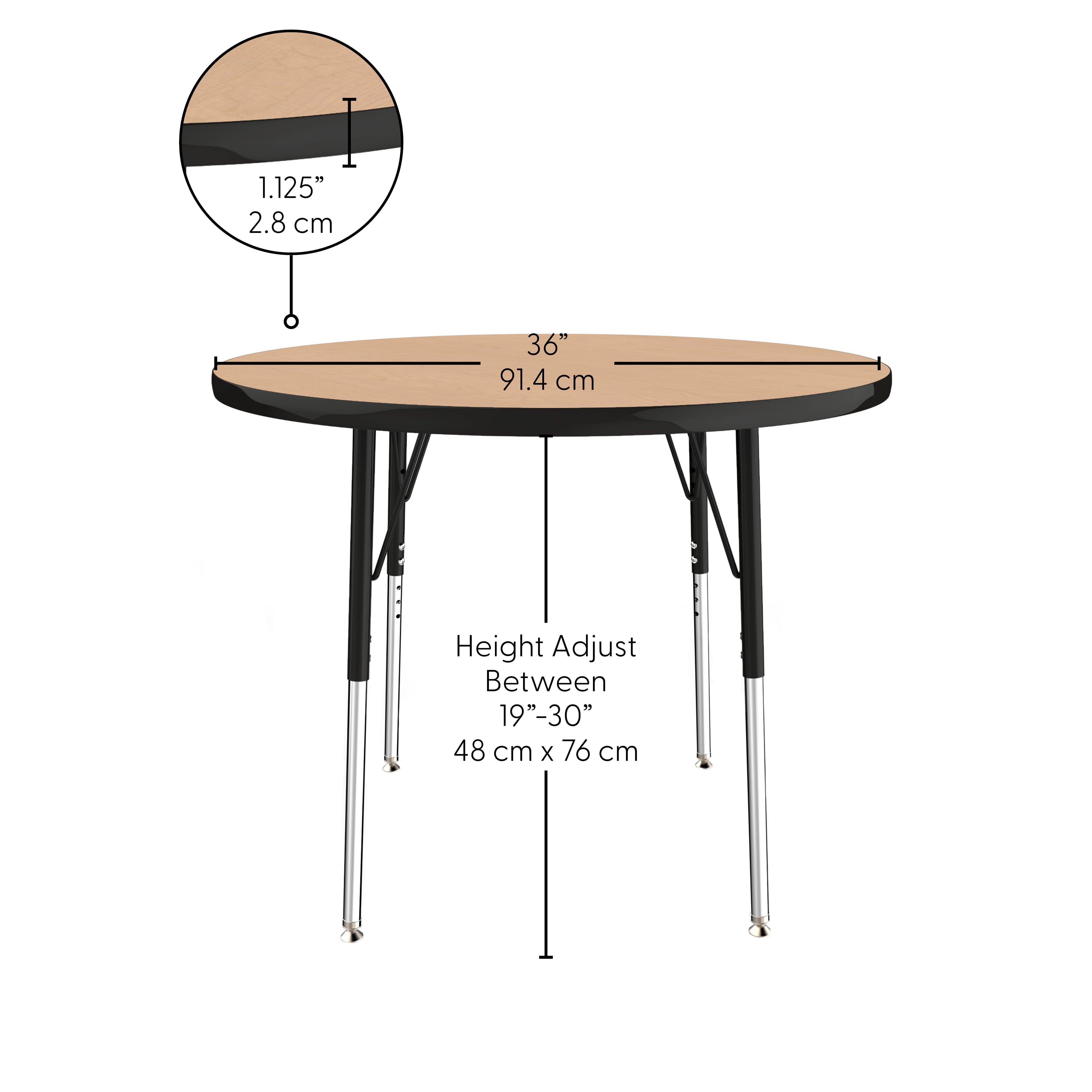 36" Round Thermofused Activity Table with Adjustable Standard Swivel Glide Legs - Maple/Black