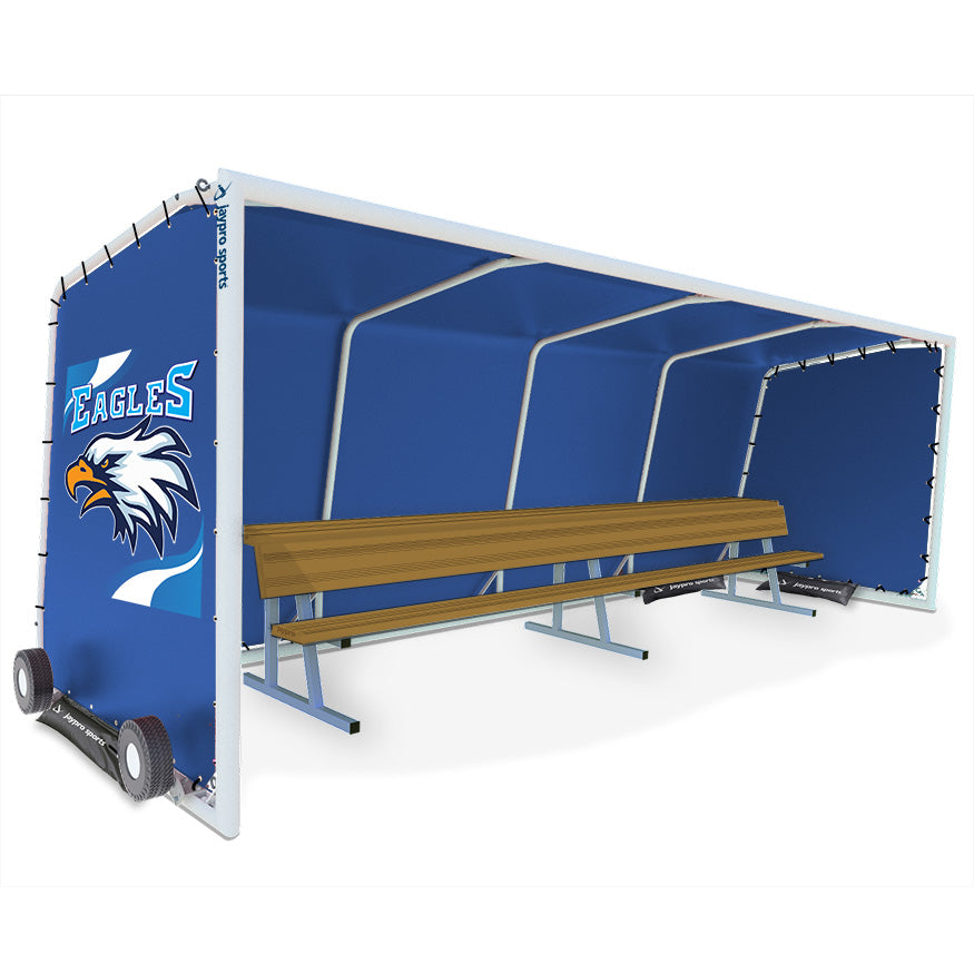 Club Team Shelter - Portable - Aluminum Frame with Weather Resistant Covering - 10 Seat (Green with Custom Graphics)