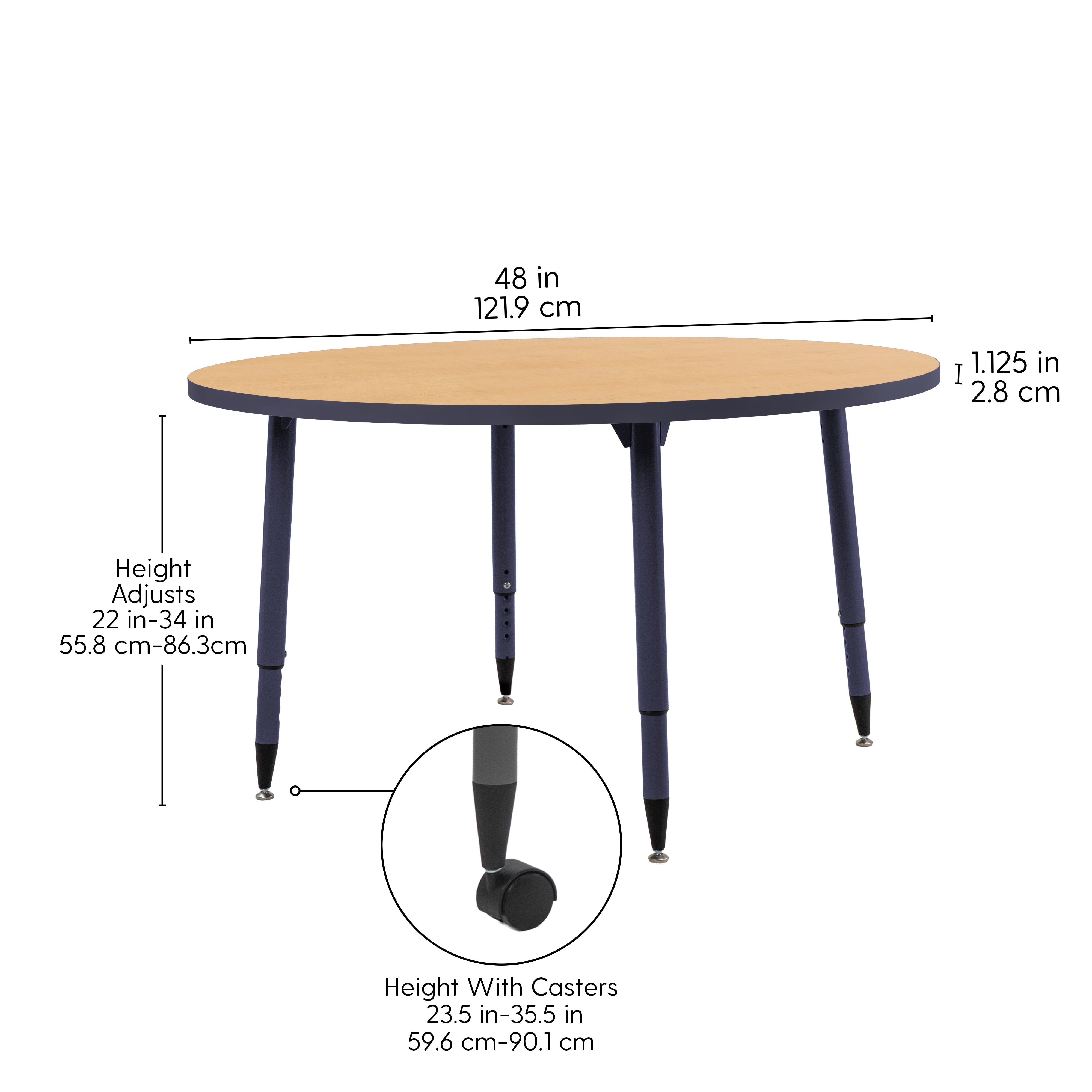 Adapte 48" Round Thermofused Activity Table with Adjustable Tapered Legs - Maple/Navy