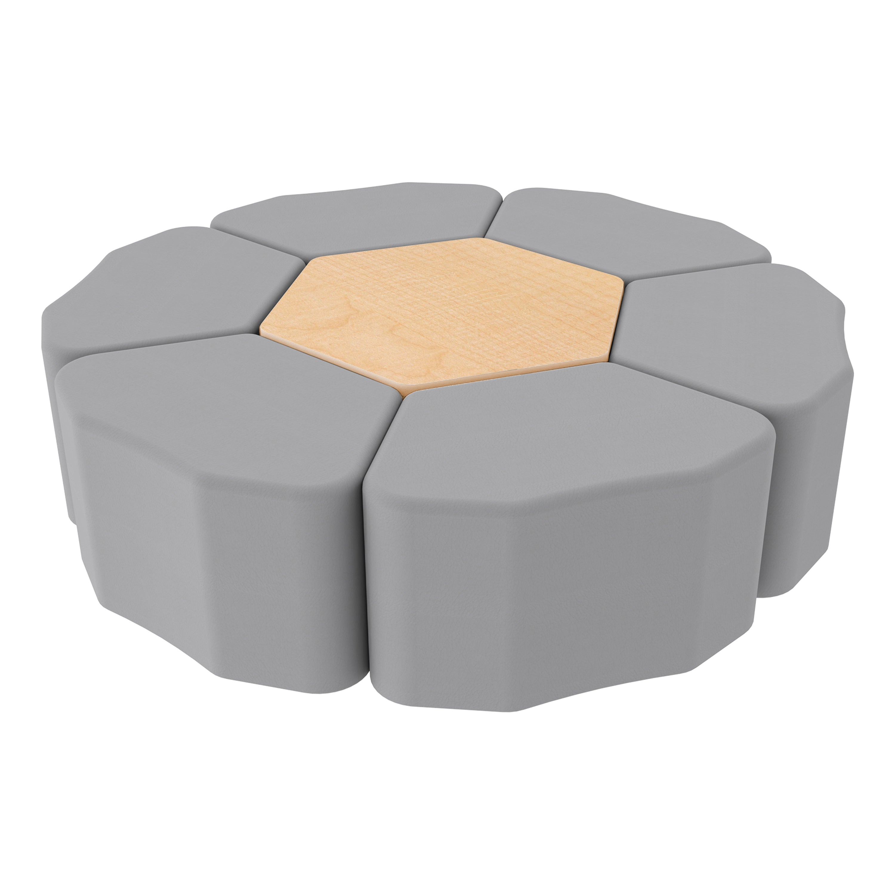 Pro Series Hexagon Ottoman Table with Petal 18" H Seating, 7-Piece Set - Gray/Maple