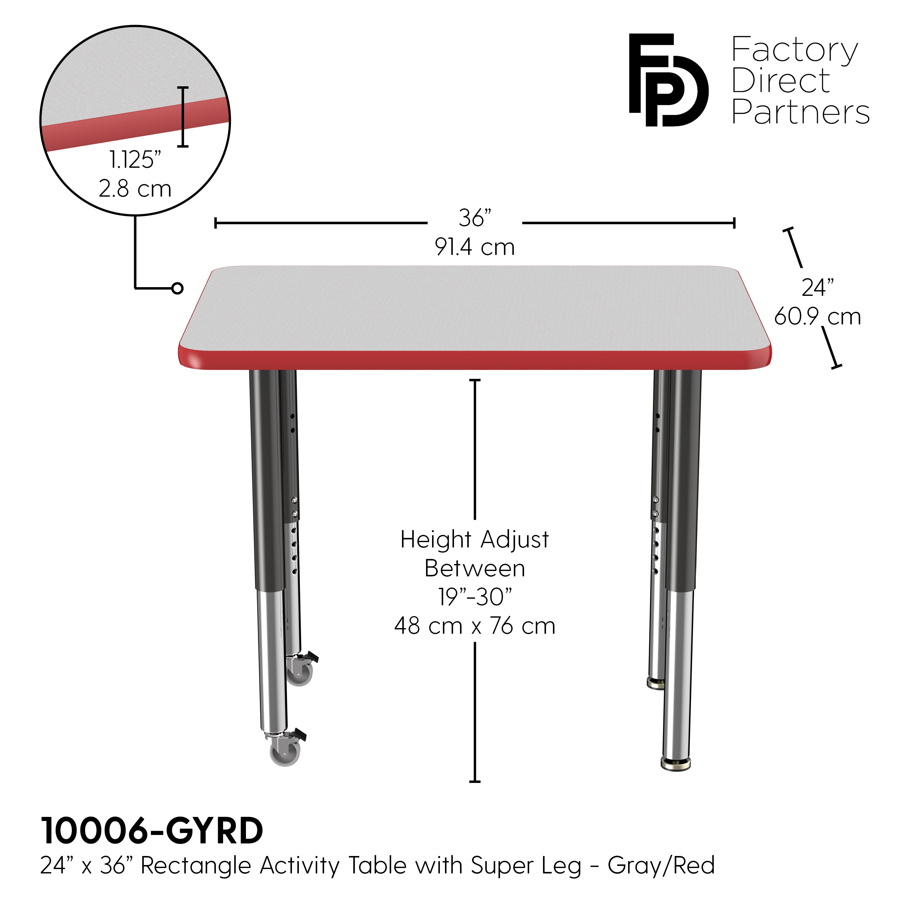 24" x 36" Rectangle T-Molding Activity Table with Adjustable Super Legs - Gray/Red/Black