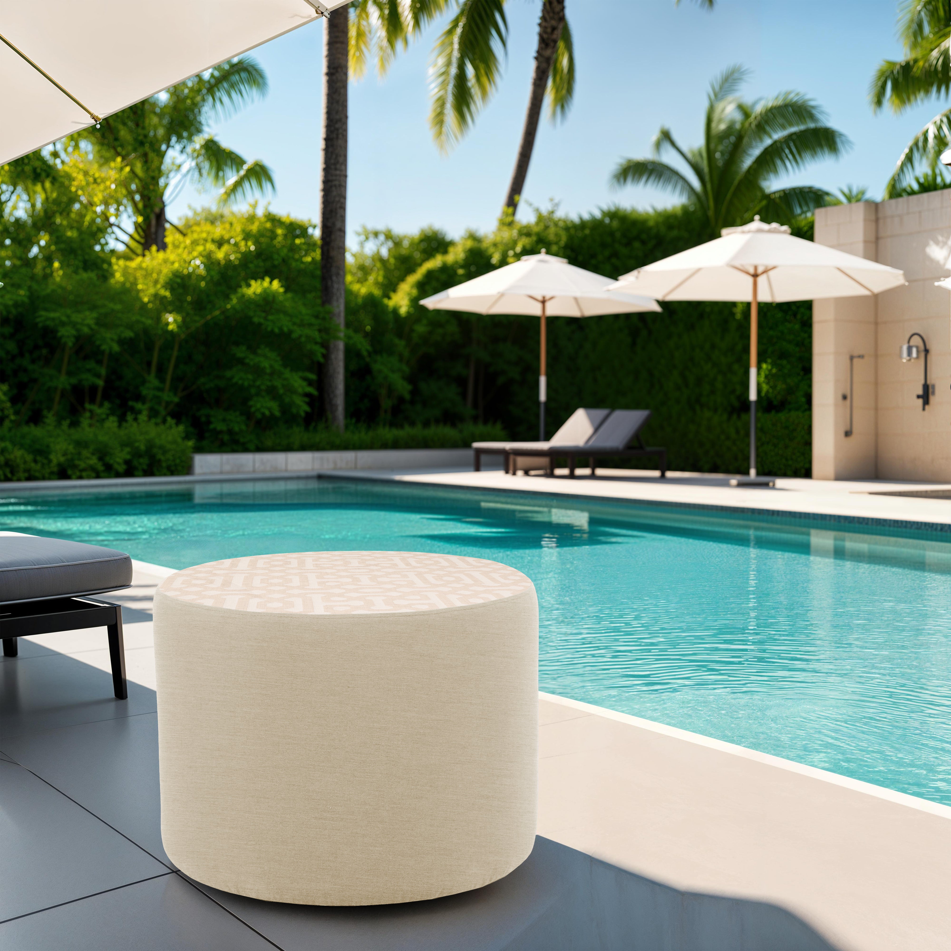 Outdoor 24" Round Ottoman with Sunbrella, 18" H - Fretwork Flax/Spectrum Sand