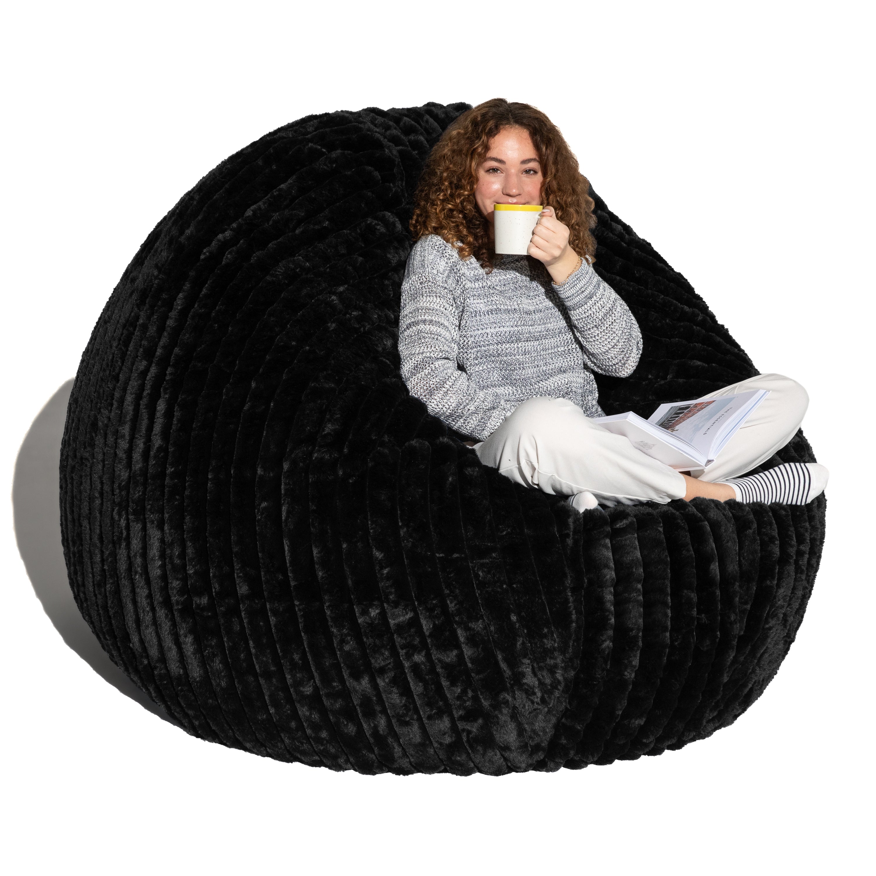 Jaxx Cocoon Bean Bag Bed for Adults - 2-in-1 Giant Bean Bag Sleeper and Convertible Lounger - Made in the USA - 6 Foot, Mondo Fur Black