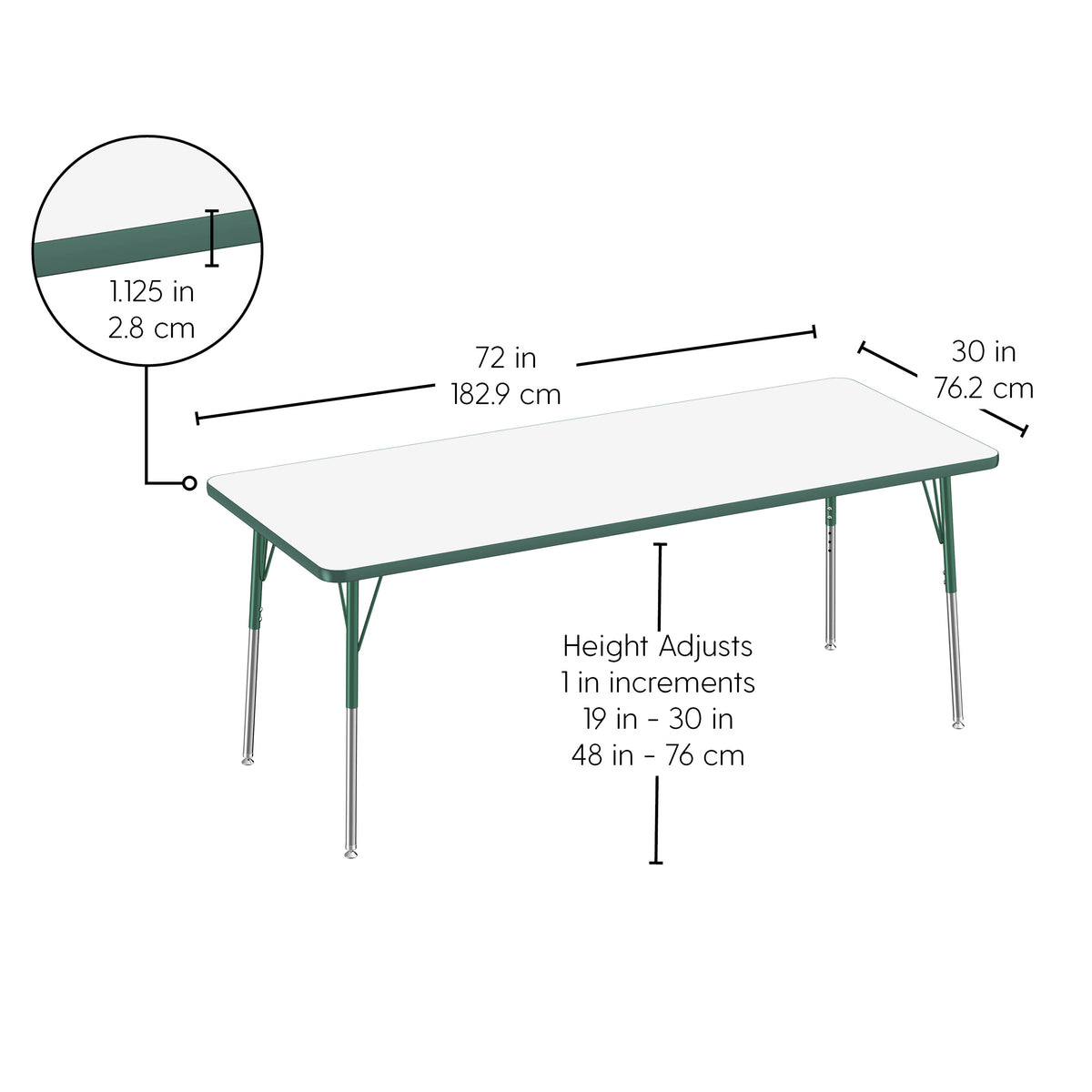 30" x 72" Rectangle Dry-Erase Activity Table with Adjustable Standard Swivel Glide Legs - Whiteboard/Green