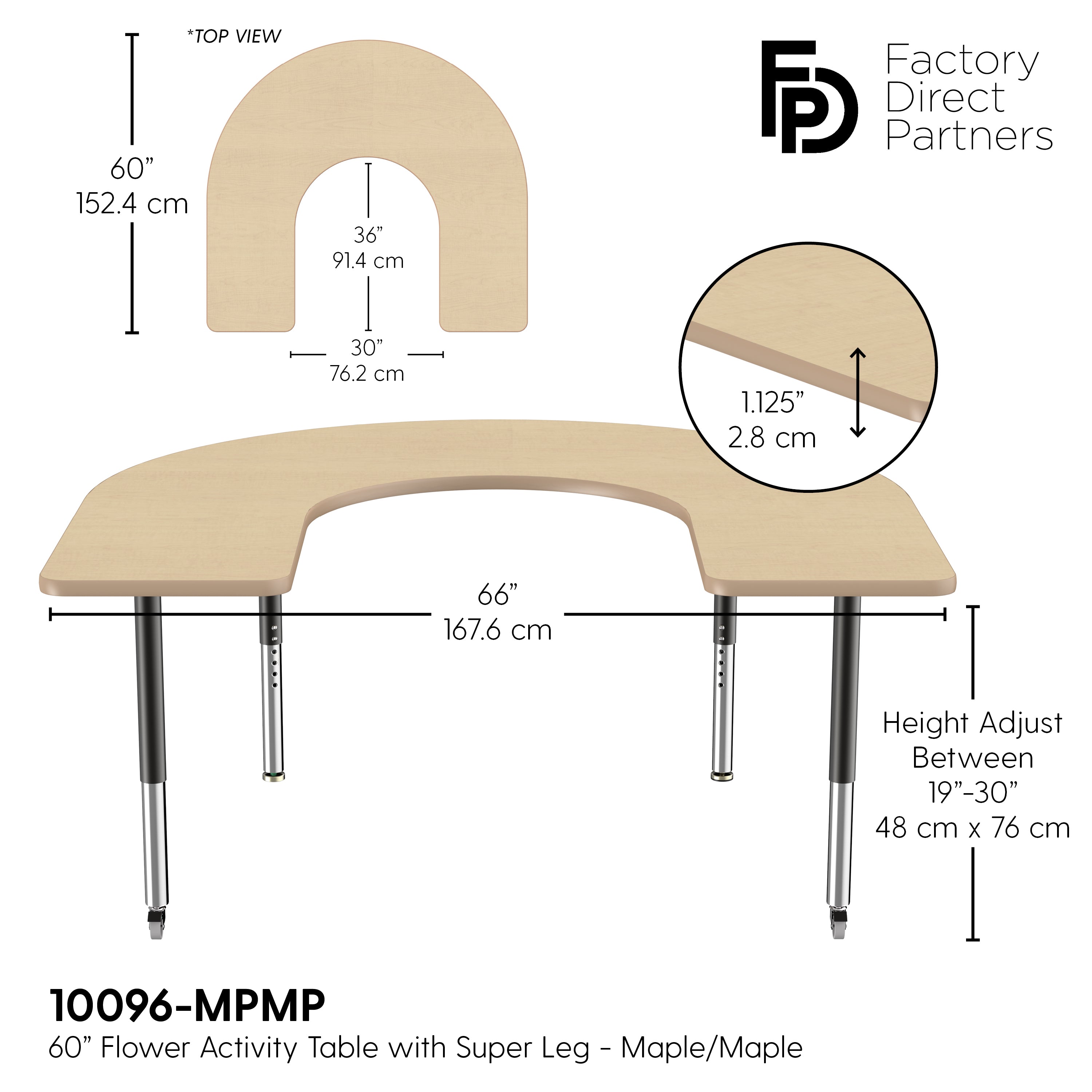 60" x 66" Horseshoe T-Molding Activity Table with Adjustable Super Legs - Maple/Maple/Black