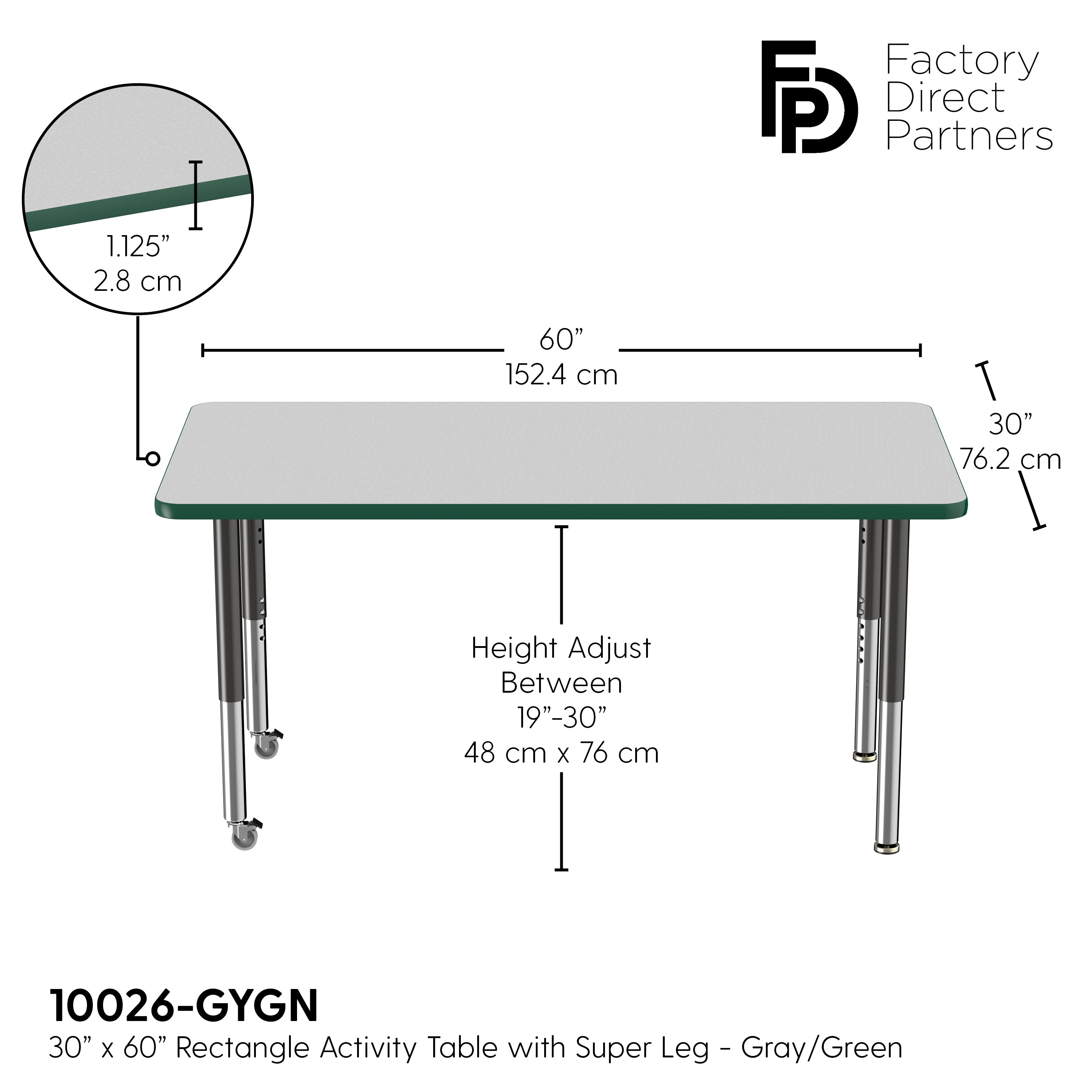 30" x 60" Rectangle T-Molding Activity Table with Adjustable Super Legs - Gray/Green/Black