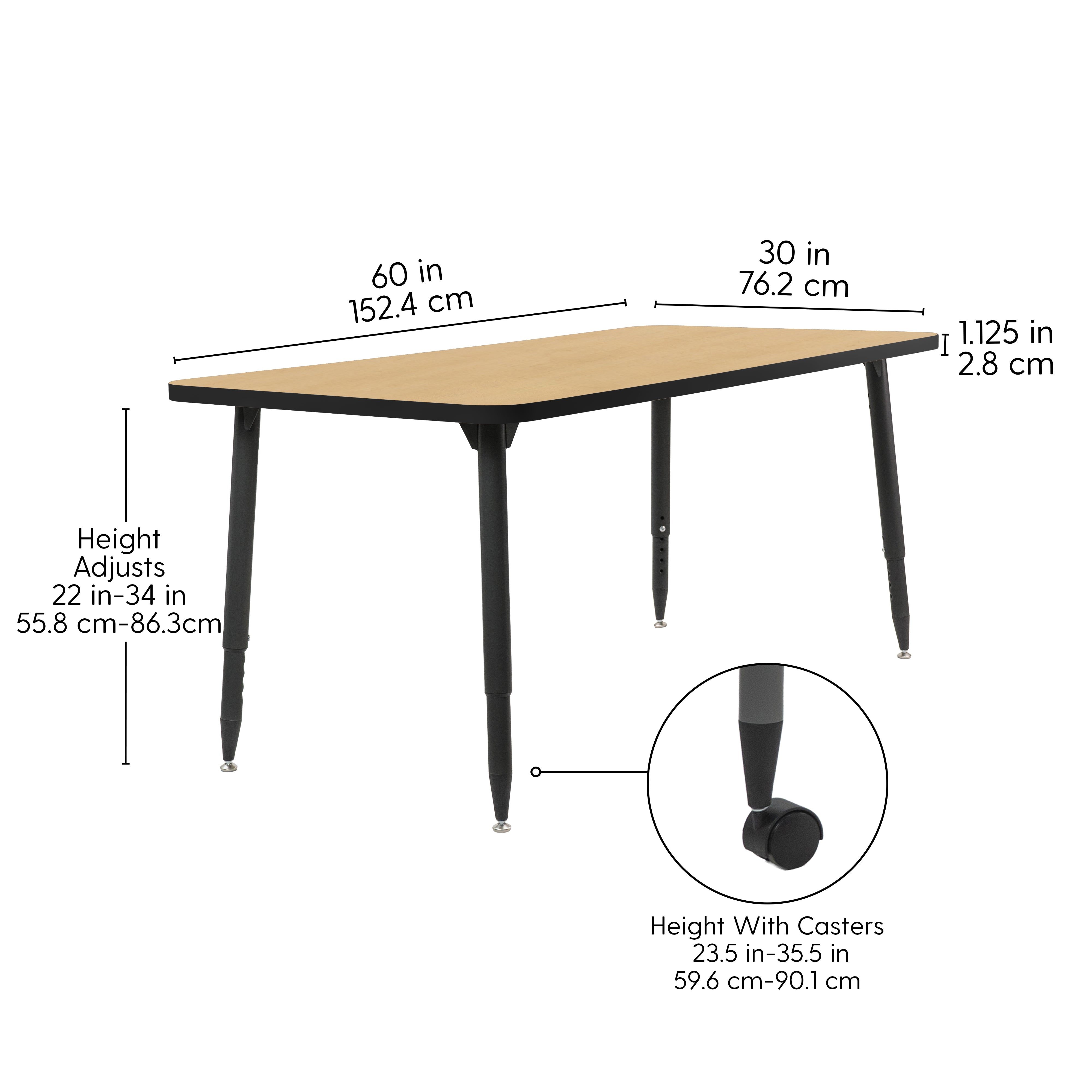 Adapte 30" x 60" Rectangle Thermofused Activity Table with Adjustable Tapered Legs - Maple/Black