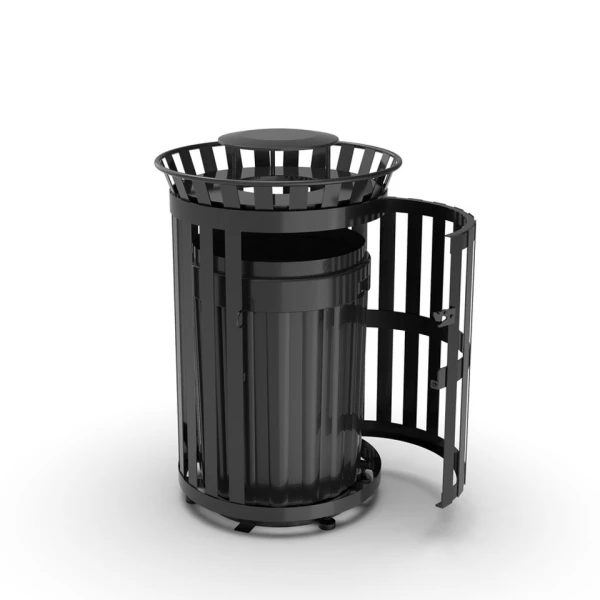 45 Gallon Side Opening Slatted Commercial Pre-Assembled Trash Receptacle with Flat Lid & Liner (Black)