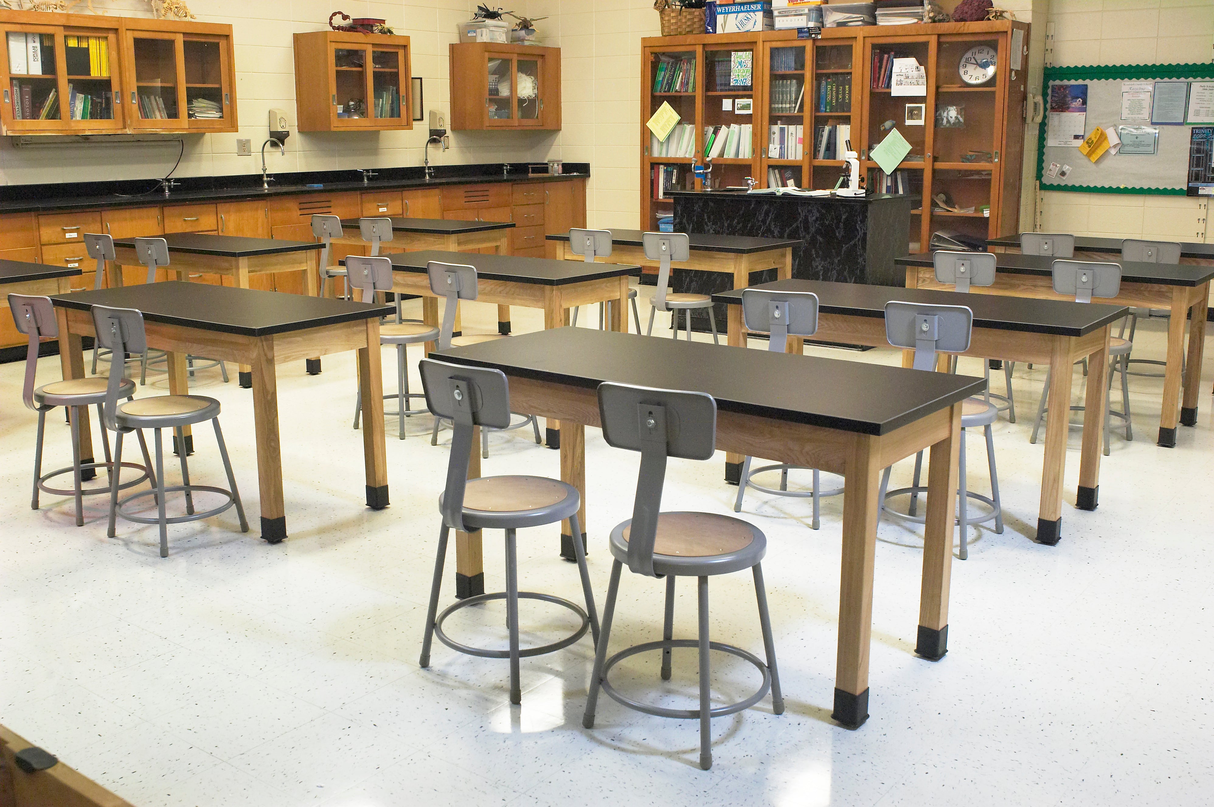 NPS® Wood Science Lab Table, 24"x48"x30", Chemical Resistant Top, Surface Color: Black, Frame Color: Ash (Optional Book Compartment and Castor Add-On)