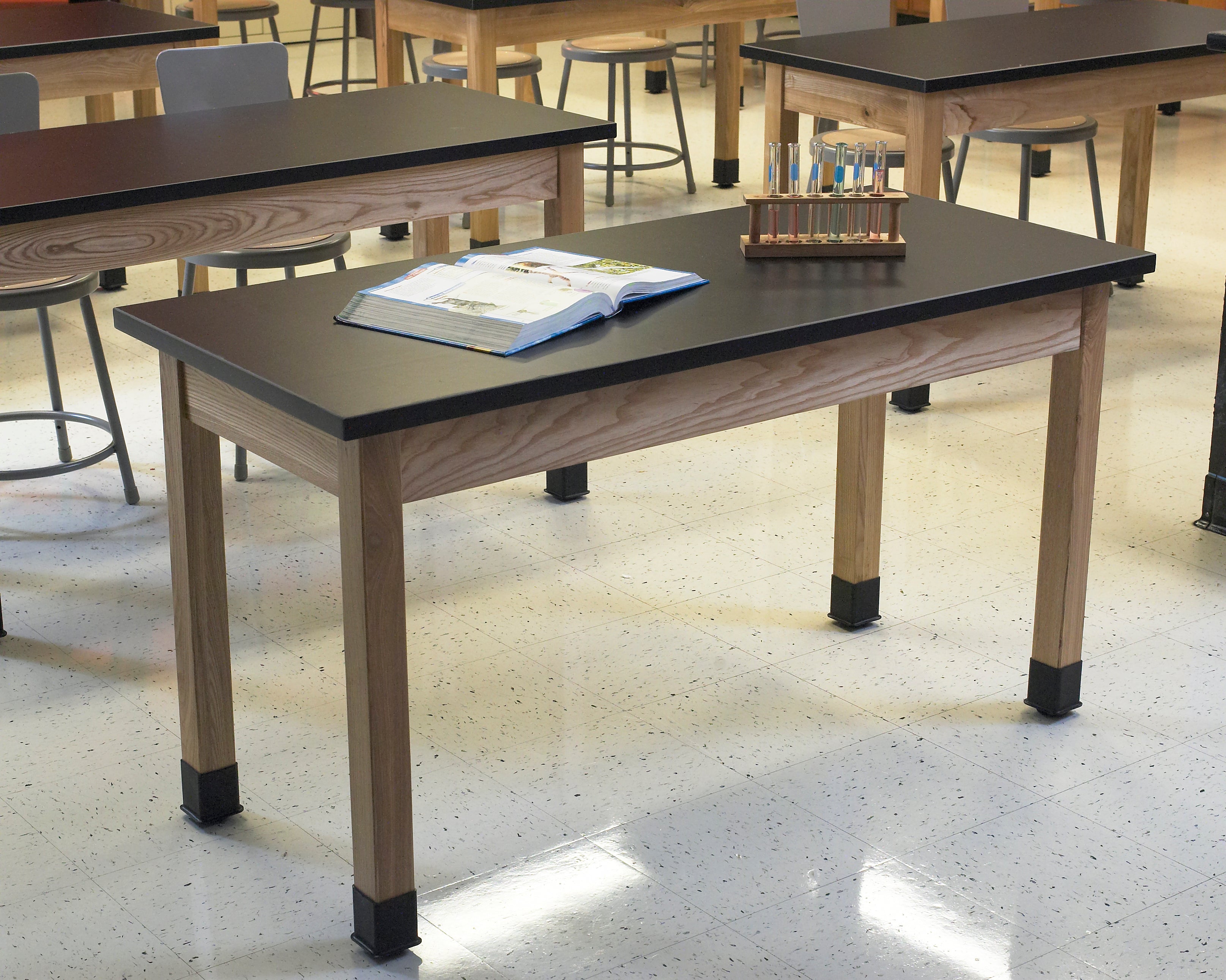 NPS® Wood Science Lab Table, 24"x48"x30", Chemical Resistant Top, Surface Color: Black, Frame Color: Ash (Optional Book Compartment and Castor Add-On)