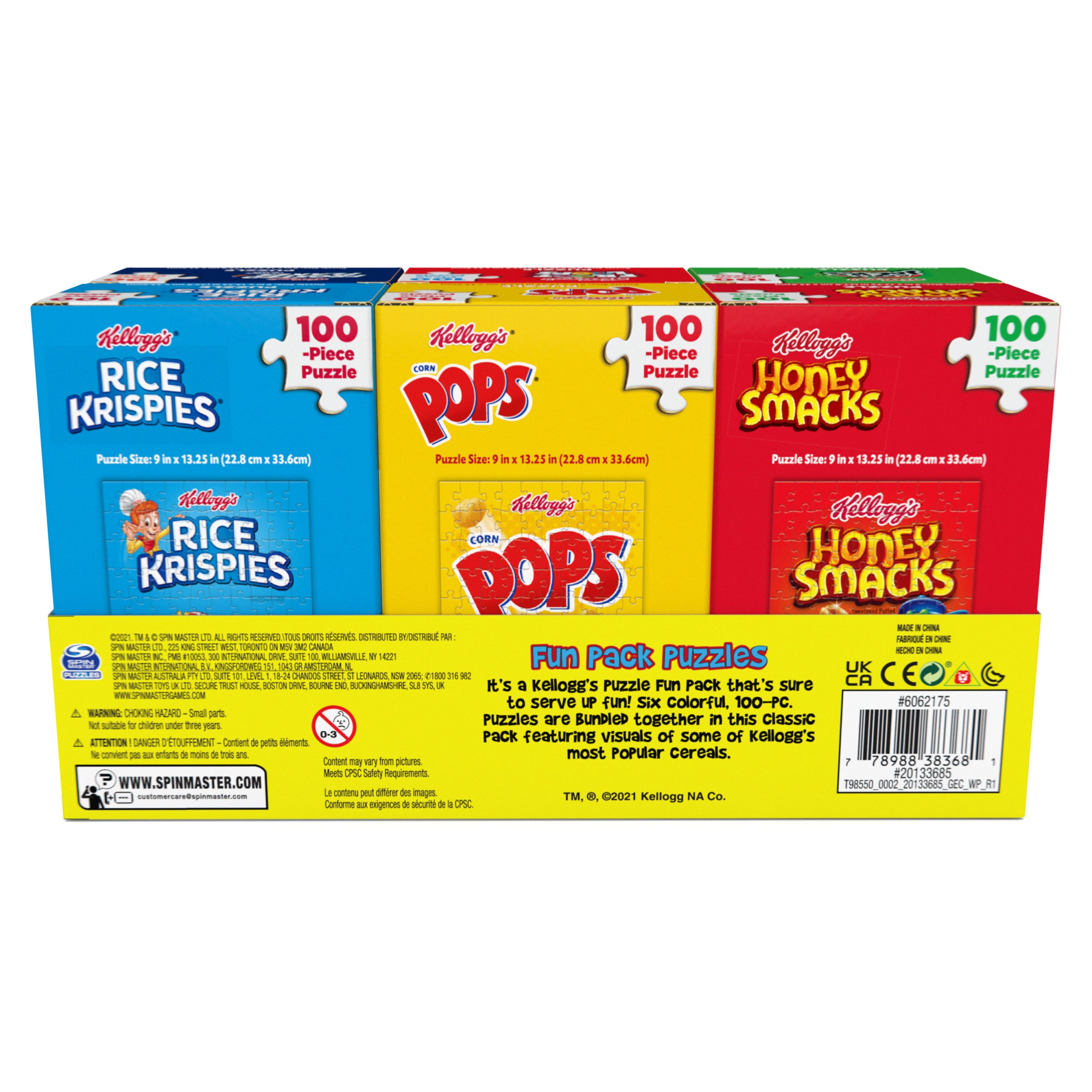Spin Master Games, Kellogg's Cereal 100-Piece Puzzles 6-Pack, Square Cereal Boxes Puzzle Gift Set, Froot Loops, Rice Krispies, Raisin Bran, Corn Flakes, Frosted Flakes, Honey Smacks for Ages 4 & Up