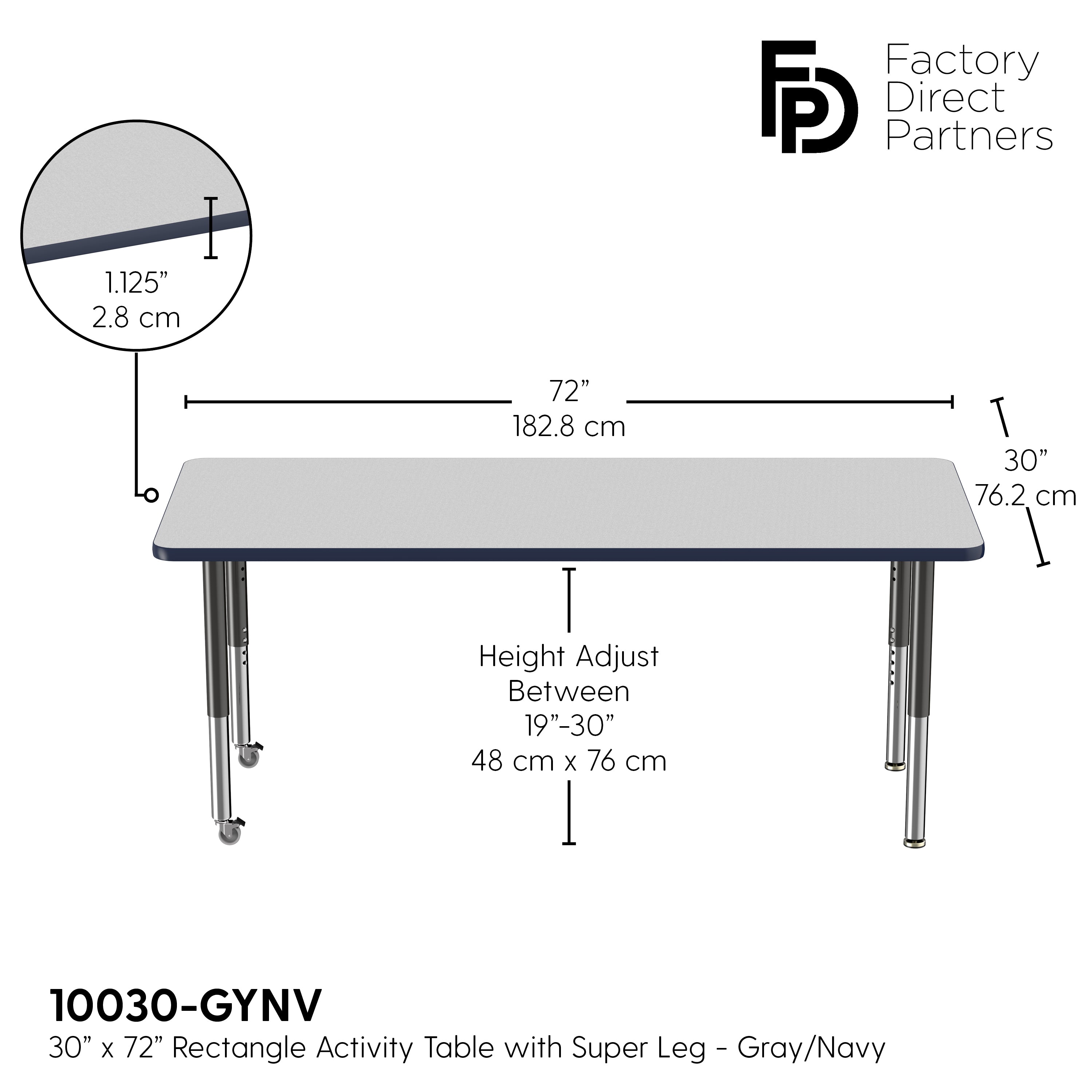 30" x 72" Rectangle T-Molding Activity Table with Adjustable Super Legs - Gray/Navy/Black