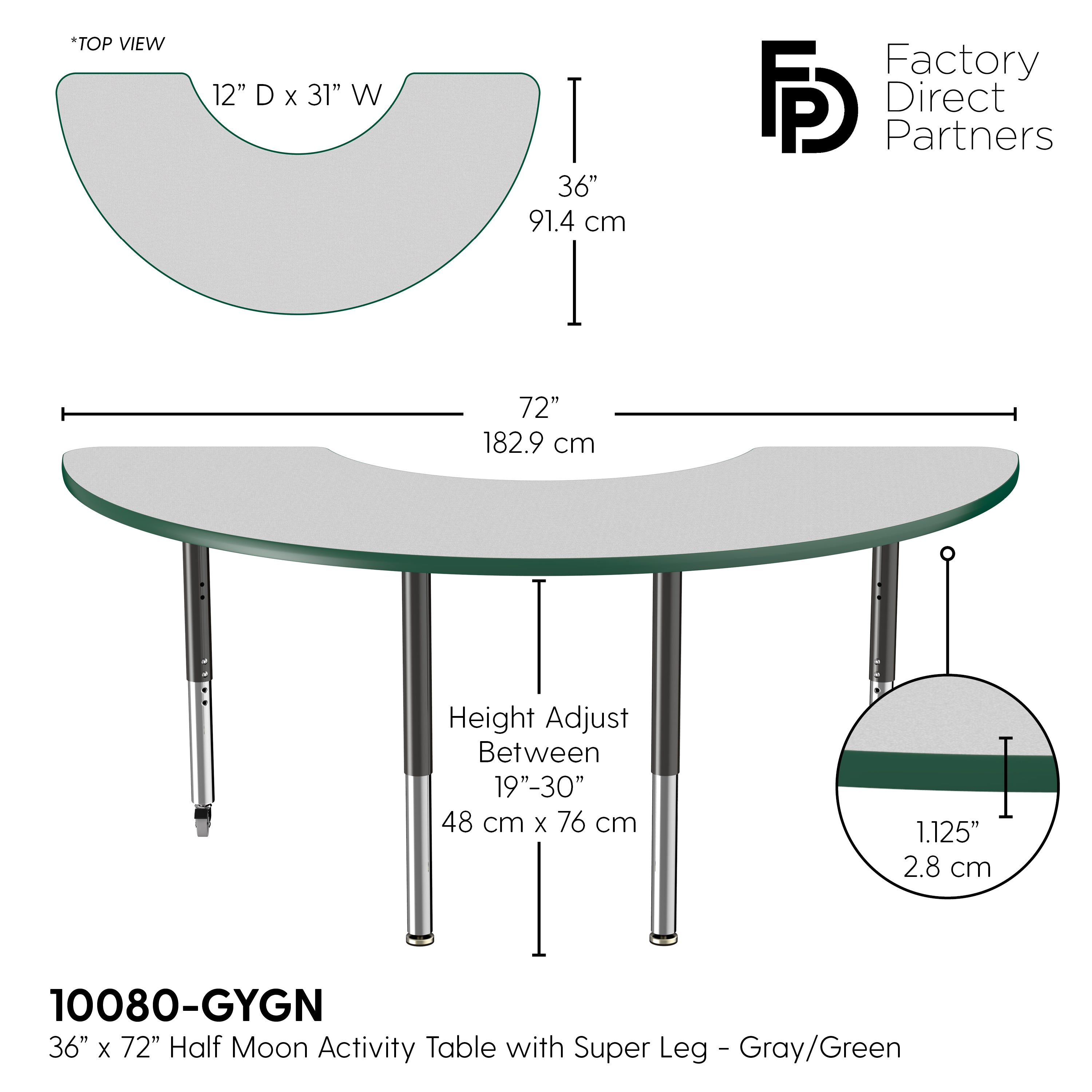 36" x 72" Half Moon T-Molding Activity Table with Adjustable Super Legs - Gray/Green/Black