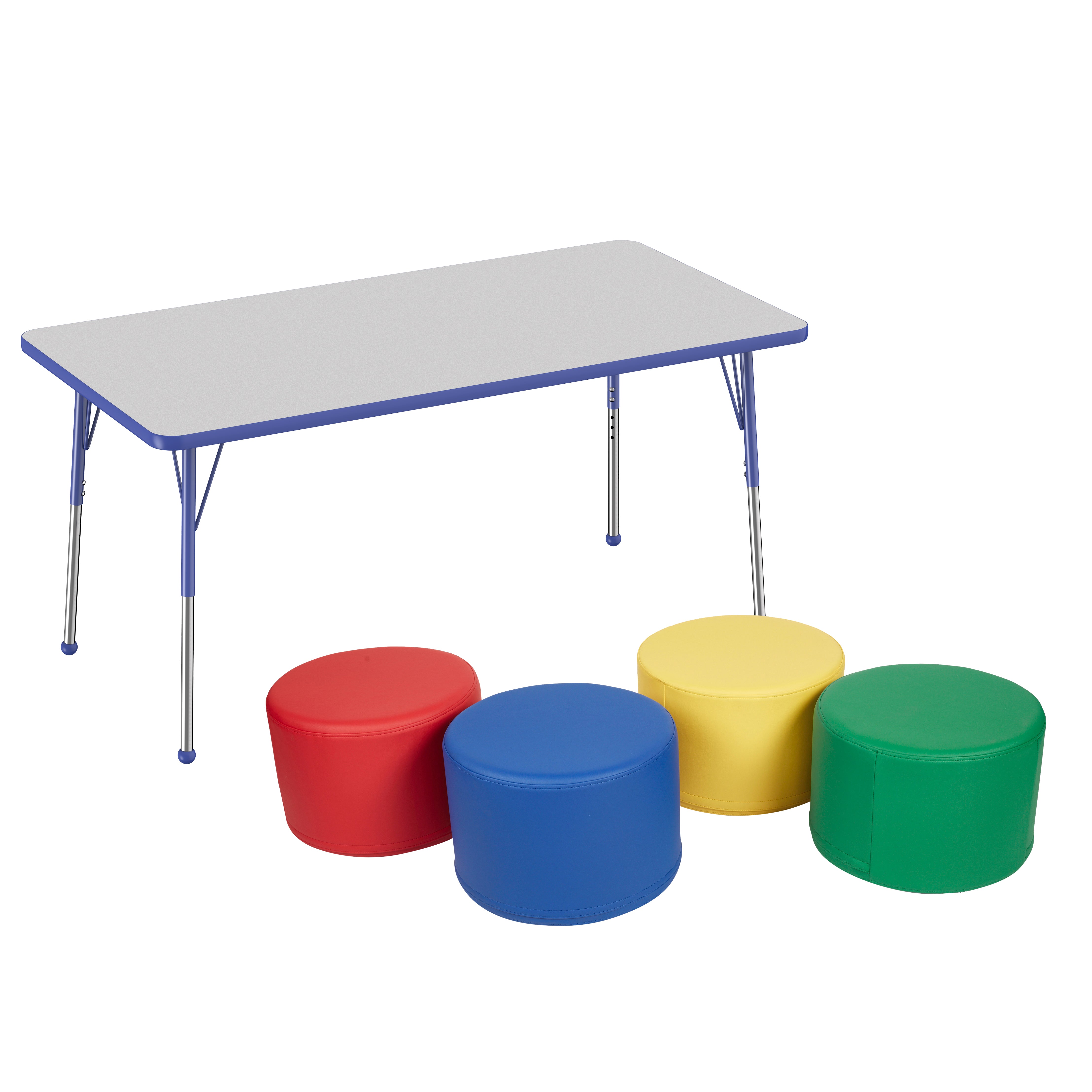 30" x 60" Rectangle T-Molding Activity Table with Standard Ball Legs and Round Ottomans 12" Height, 5-Piece Set - Gray/Blue/Assorted