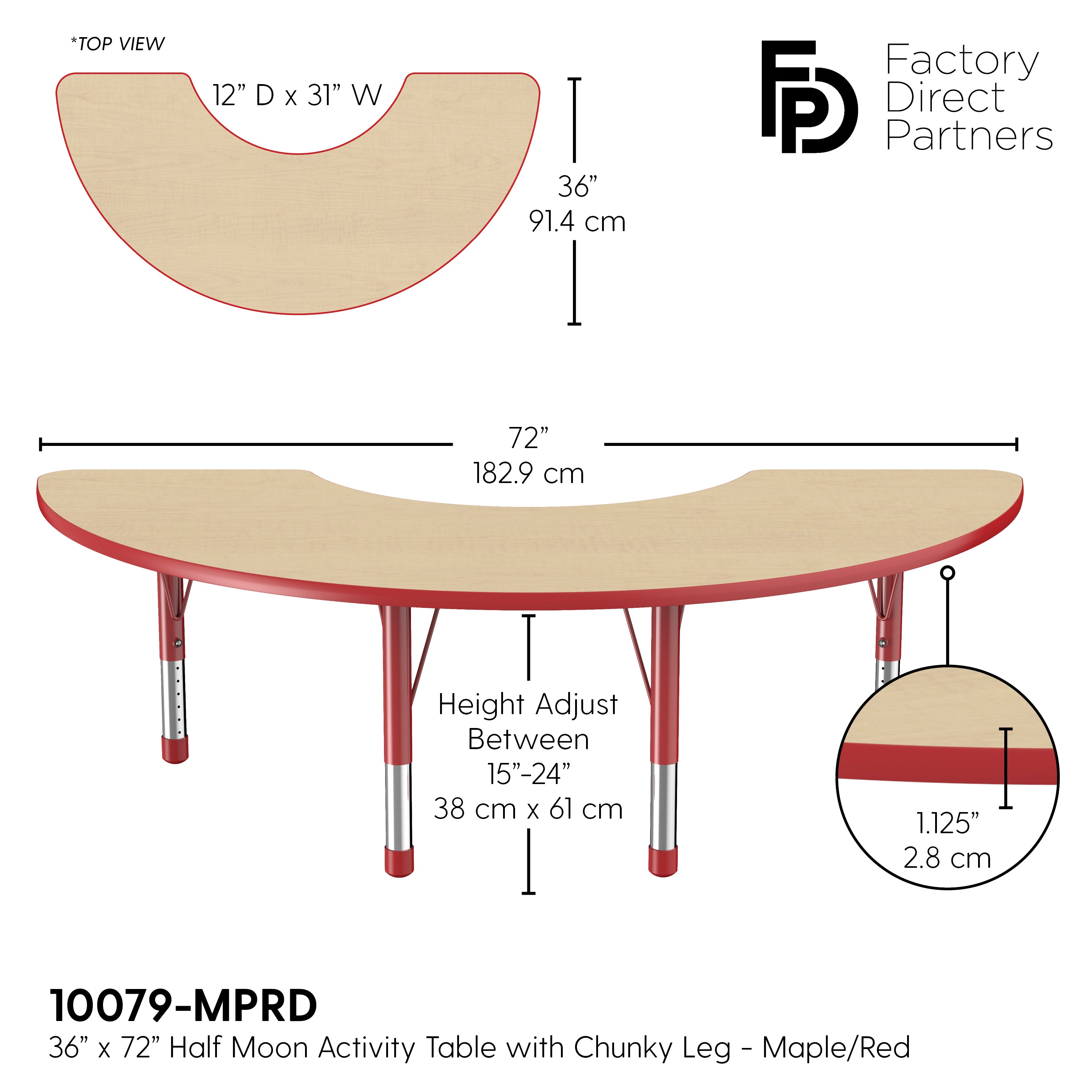36" x 72" Half Moon T-Molding Activity Table with Adjustable Chunky Legs - Maple/Red