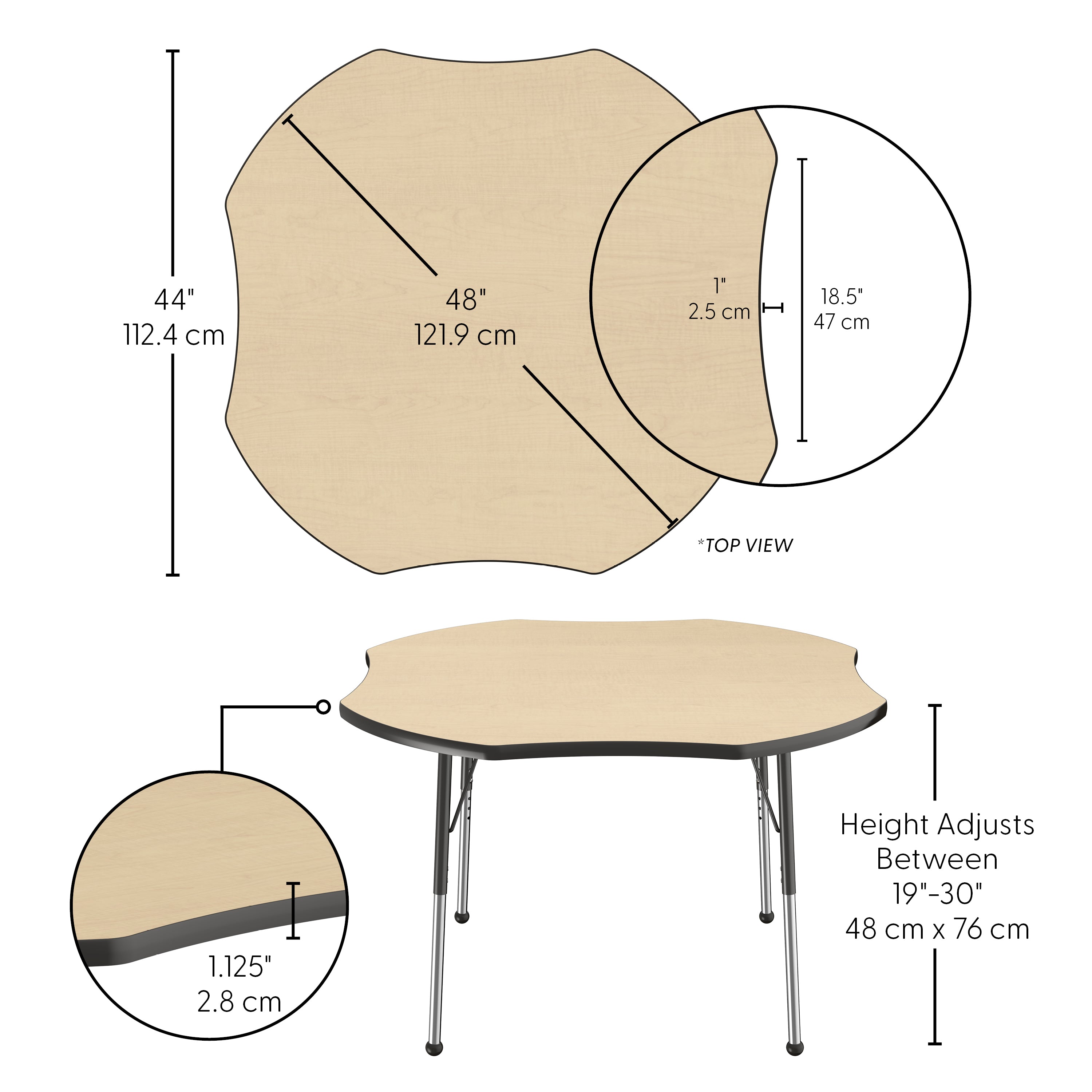 48" x 48" Clover T-Molding Activity Table with Adjustable Standard Ball Glide Legs - Maple/Black