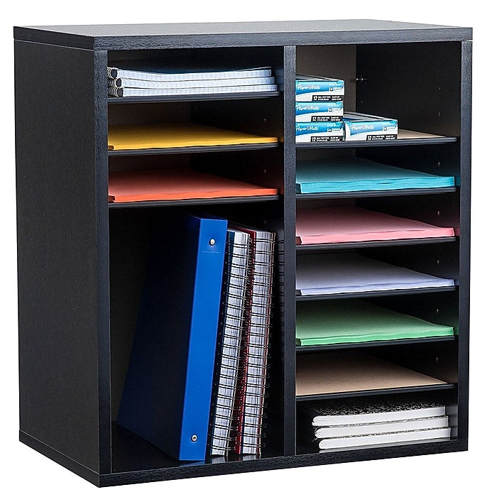 16-Compartment Wood Adjustable Paper Sorter Literature File Organizer, Black