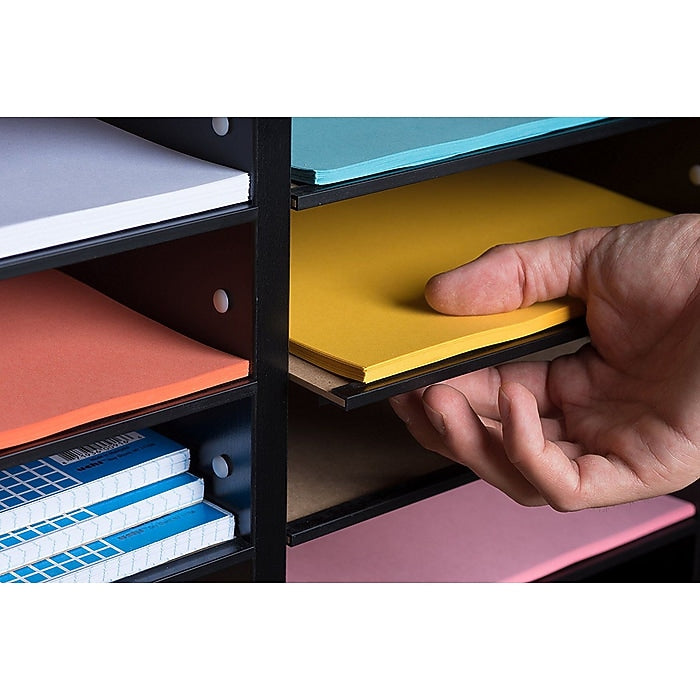 16-Compartment Wood Adjustable Paper Sorter Literature File Organizer, Black