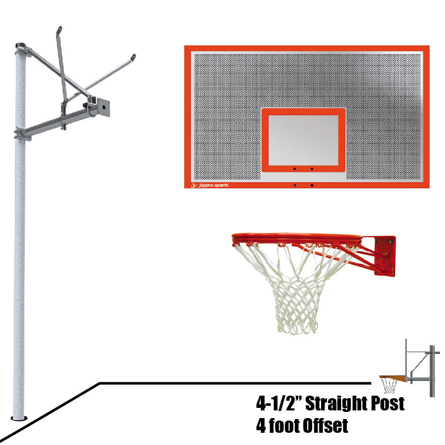 Basketball System - Straight Post (4-1/2 in. Pole with 4 ft. Offset) - 72 in. Perforated  Aluminum Backboard - Double Rim