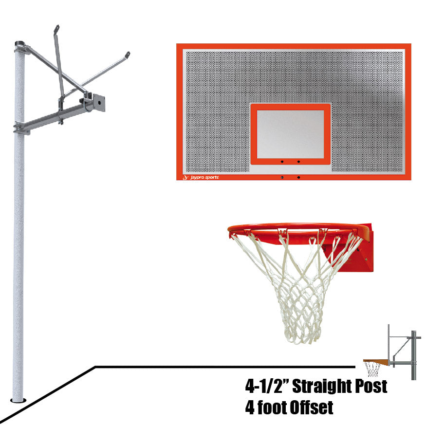 Basketball System - Straight Post (4-1/2 in. Pole with 4 ft. Offset) - 72 in. Perforated  Aluminum Backboard - Flex Rim Goal