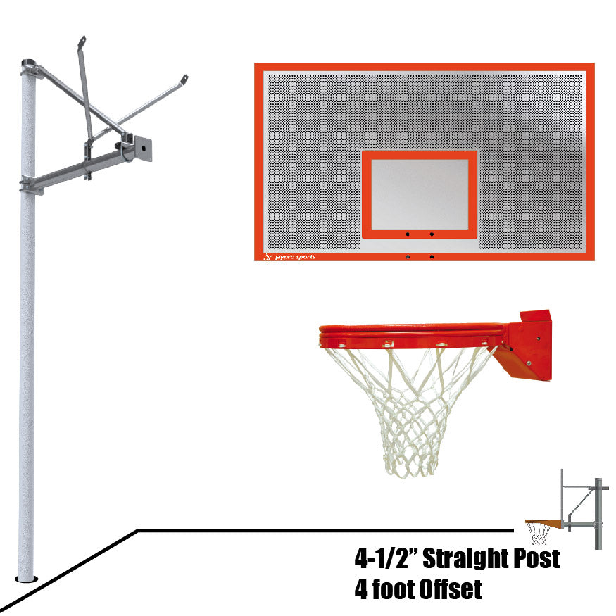 Basketball System - Straight Post (4-1/2 in. Pole with 4 ft. Offset) - 72 in.  Perforated Steel Backboard - Playground Breakaway Goal