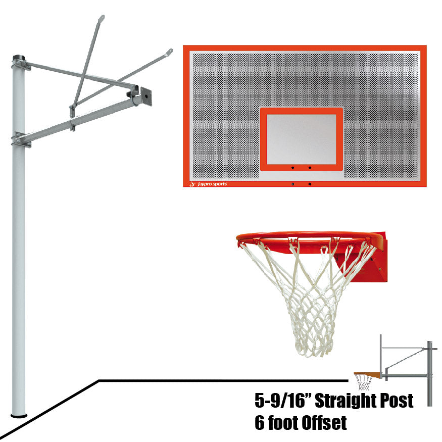 Basketball System - Straight Post (5-9/16 in. Pole with 6 ft. Offset) - 72 in. Perforated  Aluminum Backboard - Flex Rim Goal