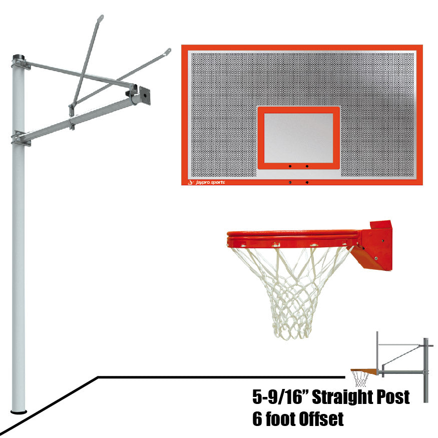 Basketball System - Straight Post (5-9/16 in. Pole with 6 ft. Offset) - 72 in. Perforated  Aluminum Backboard - Playground Breakaway Goal