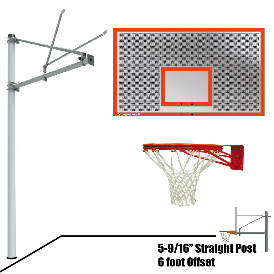 Basketball System - Straight Post (5-9/16 in. Pole with 6 ft. Offset) - 72 in. Perforated  Steel Backboard - Double Rim