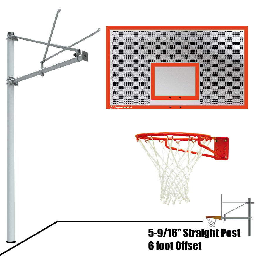 Basketball System - Straight Post (5-9/16 in. Pole with 6 ft. Offset) - 72 in. Perforated  Steel Backboard - Super Goal