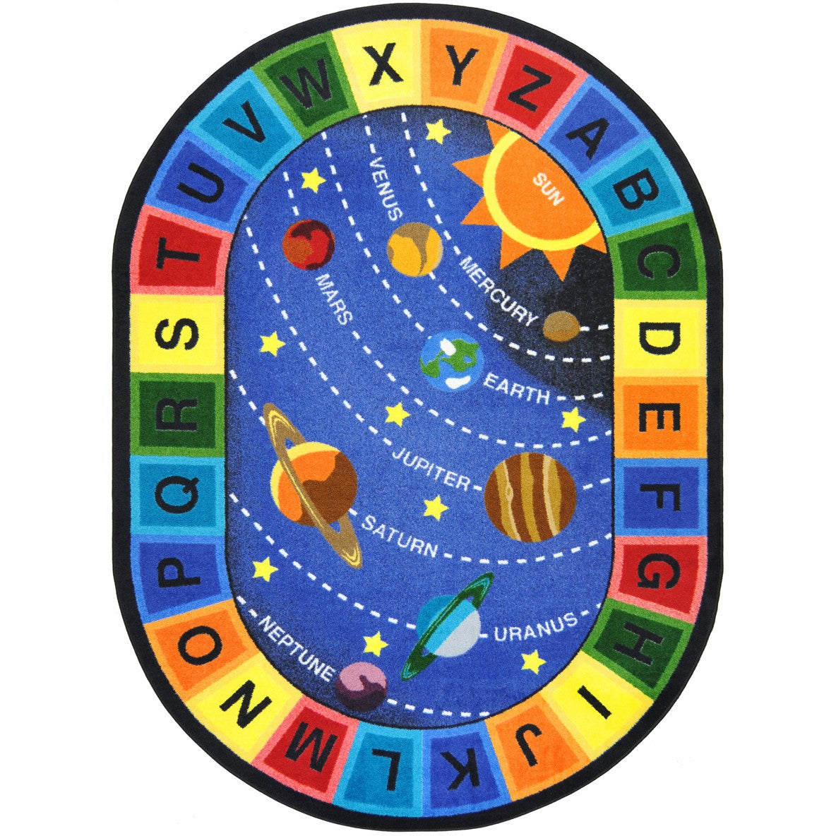 Space Alphabet 10'9" x 13'2" Oval area rug in color Multi