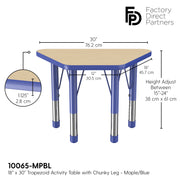 18" x 30" Trapezoid T-Molding Activity Table with Adjustable Chunky Legs - Maple/Blue