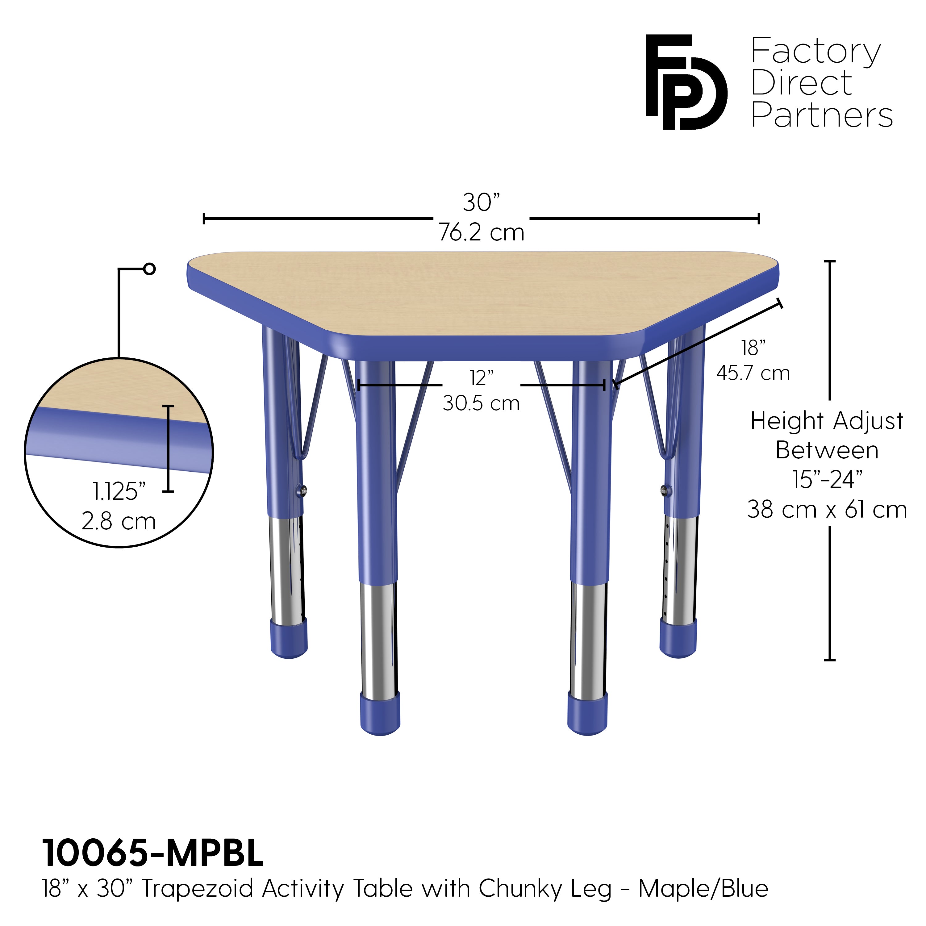 18" x 30" Trapezoid T-Molding Activity Table with Adjustable Chunky Legs - Maple/Blue