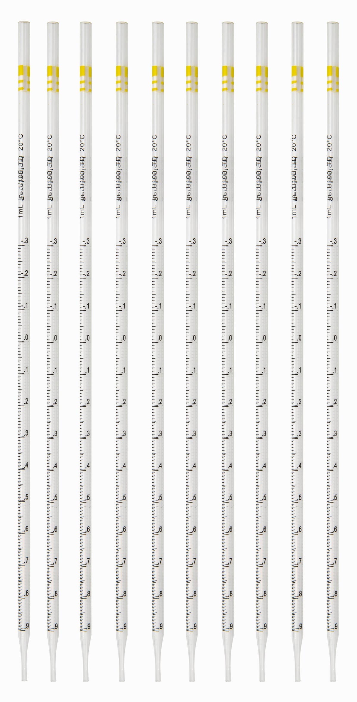 Pipette Serological, 1ml Capacity by 0.01ml, Plastic, Sterile, Color Coded (Yellow), Pack of 10