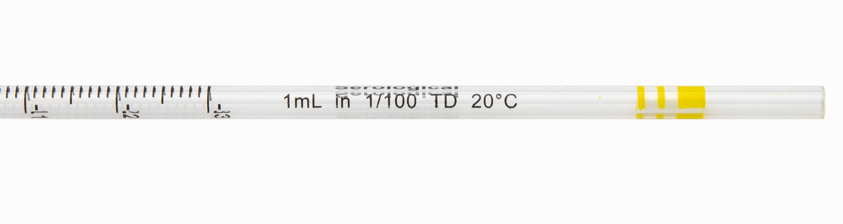 Pipette Serological 1ml x 0.01ml, Disposable, Sterile, Plastic, color coded in yellow.