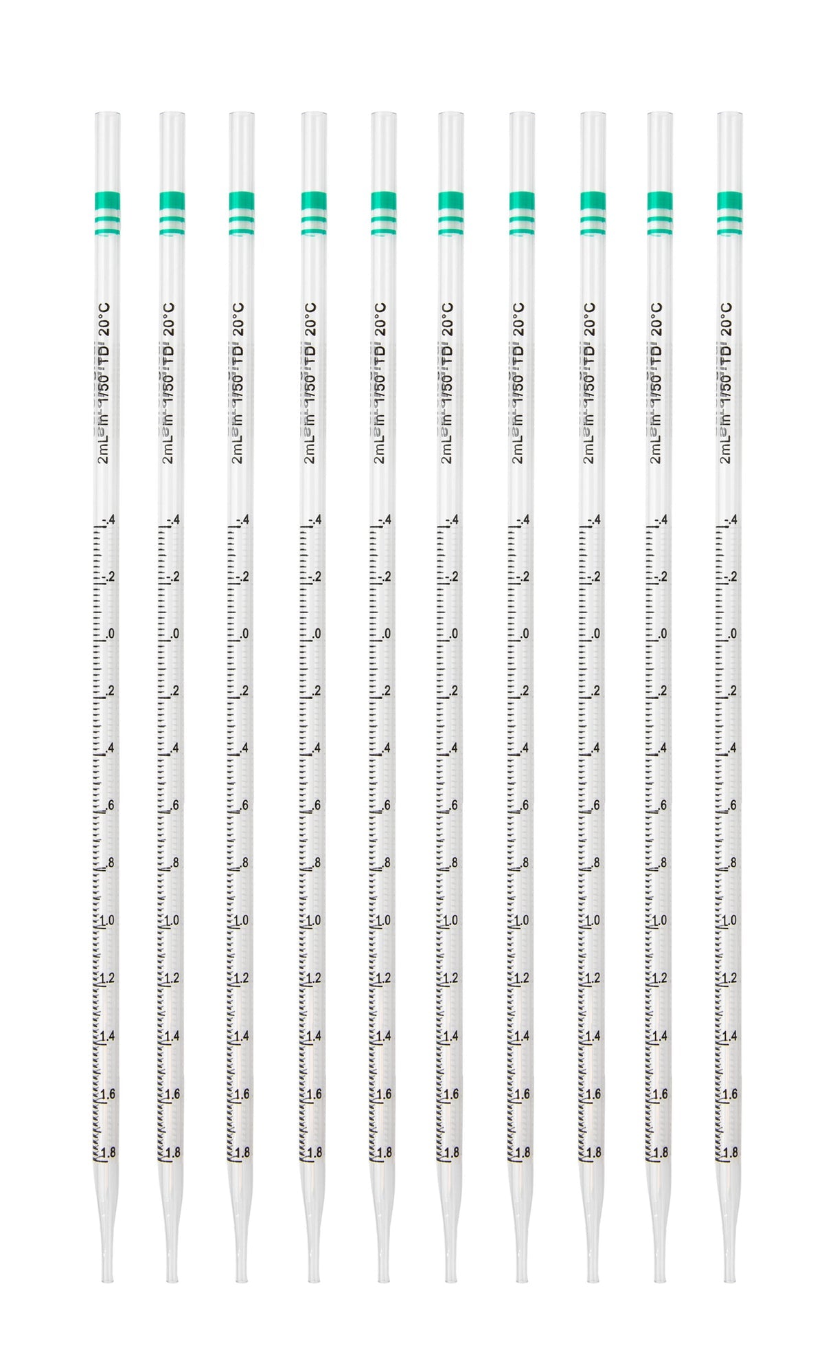 Pipette Serological, 2ml Capacity by 0.02ml, Plastic, Sterile, Color Coded (Green), Pack of 10