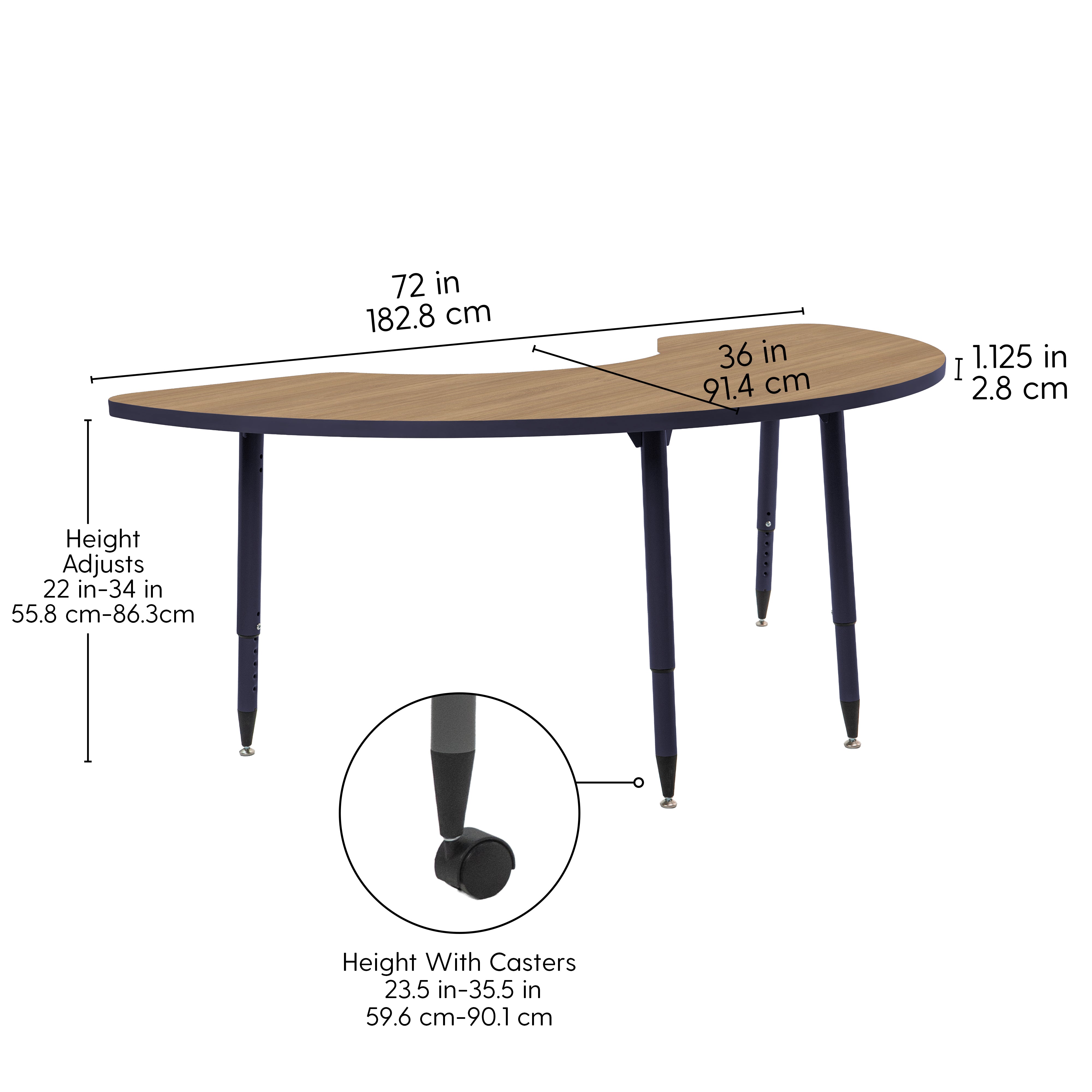 Adapte 36" x 72" Half Moon Thermofused Activity Table with Adjustable Tapered Legs - Pasadena Oak/Navy