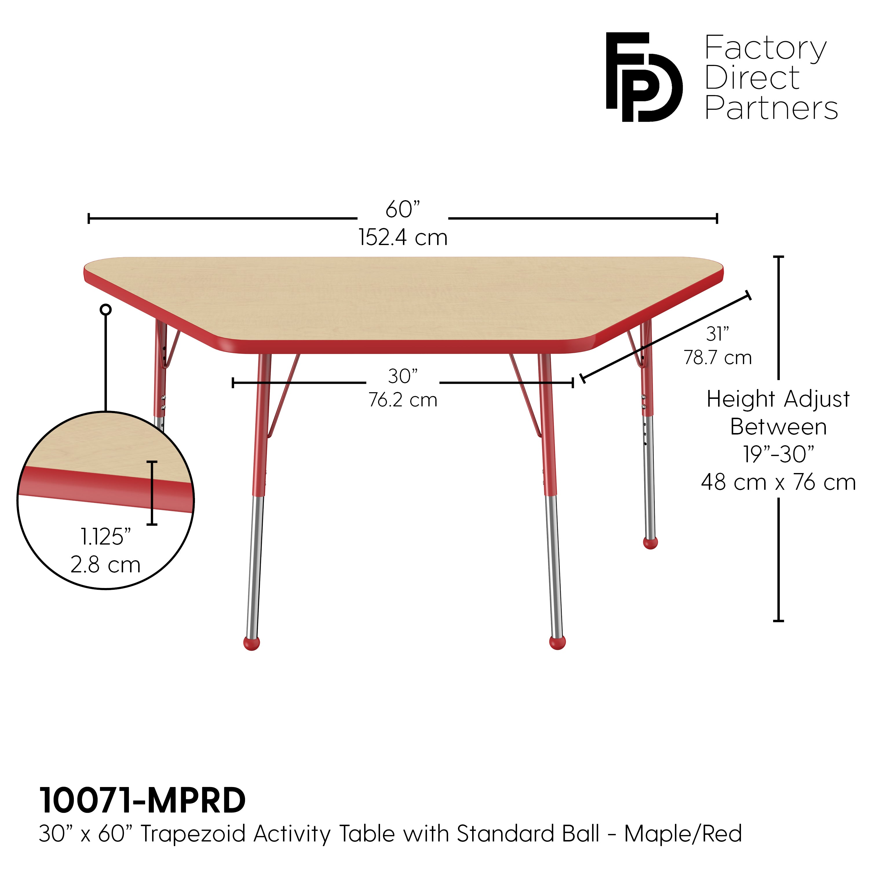 30" x 60" Trapezoid T-Molding Activity Table with Adjustable Standard Ball Glide Legs - Maple/Red