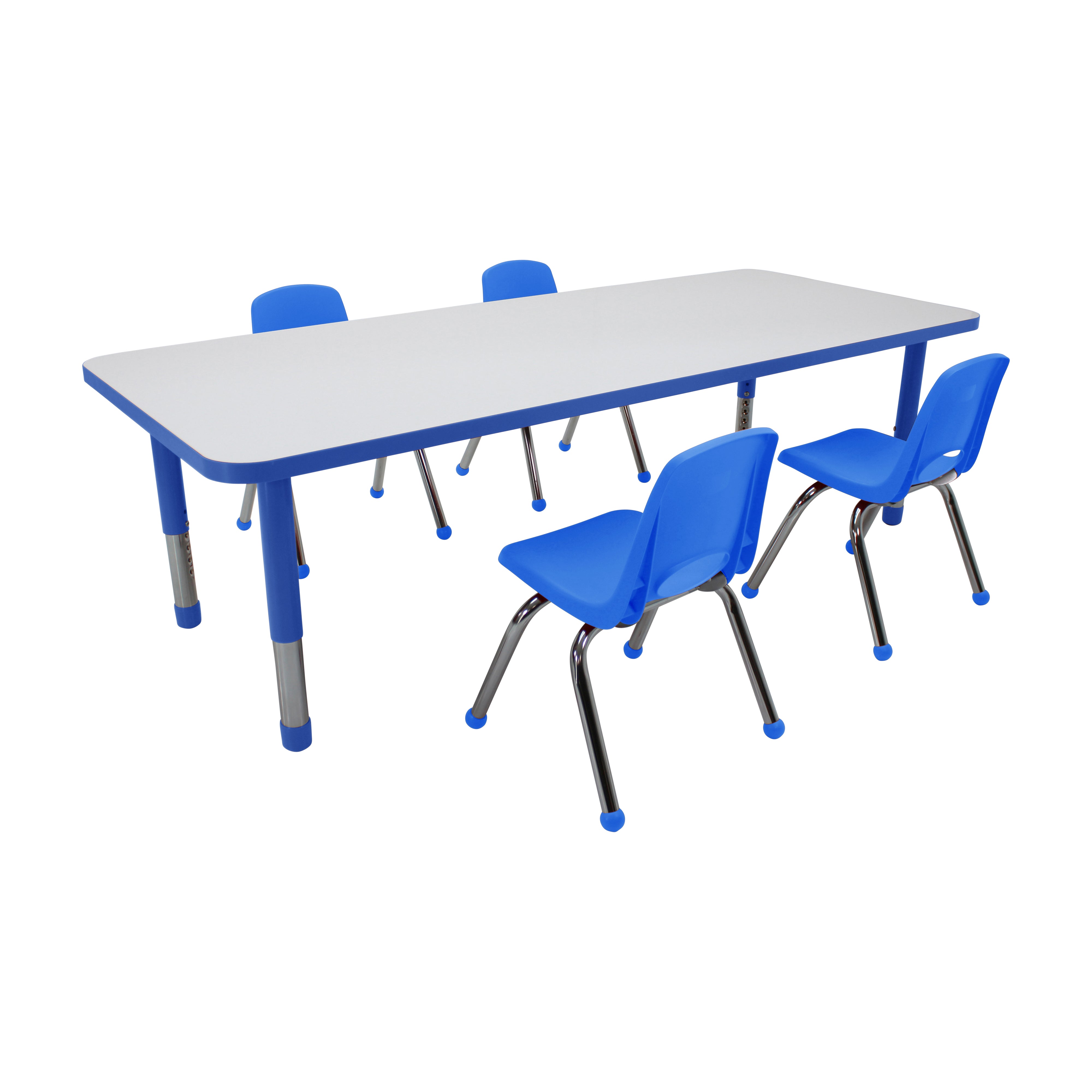 30" x 72" Rectangle Dry-Erase Activity Table with Chunky Legs and 12" Stack Chairs with Ball Glides, 5-Piece Set - Whiteboard/Blue