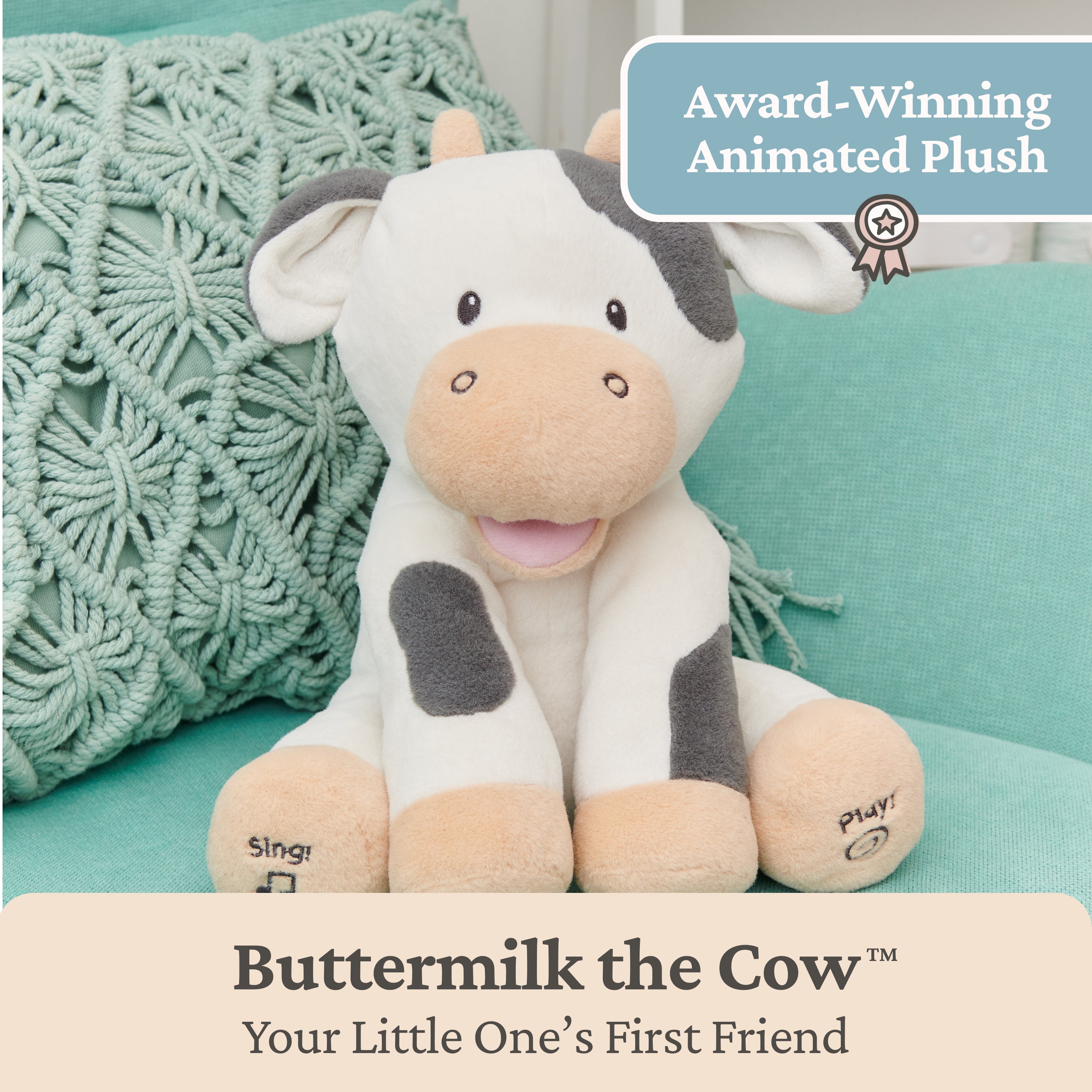 Baby GUND Buttermilk the Cow Animated Plush, Singing Stuffed Animal Sensory Toy, Sings Old MacDonald and Teaches Animal Sounds, Cream/Grey, 12”