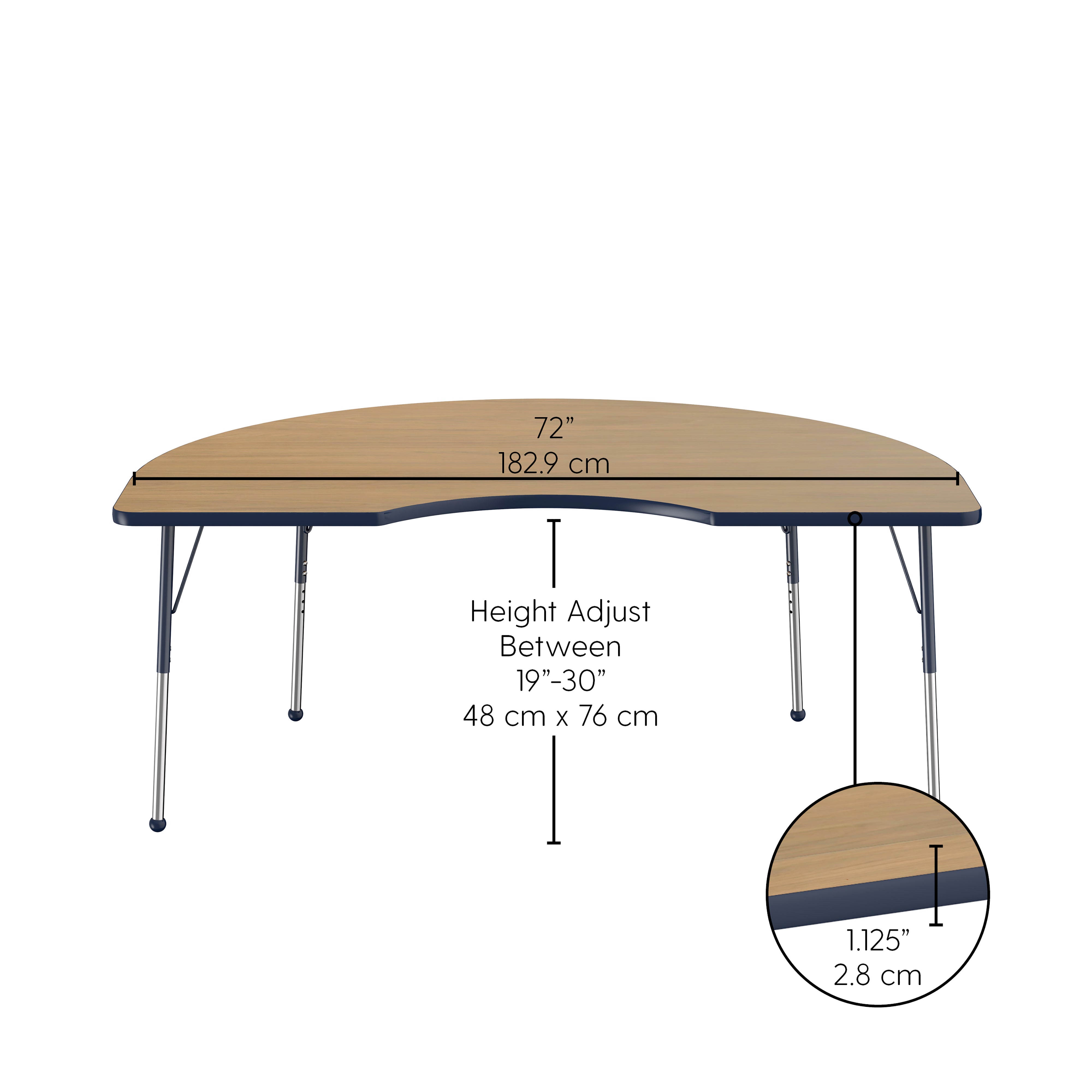 48" x 72" Kidney T-Molding Activity Table with Adjustable Standard Ball Glide Legs - Pasadena Oak/Navy