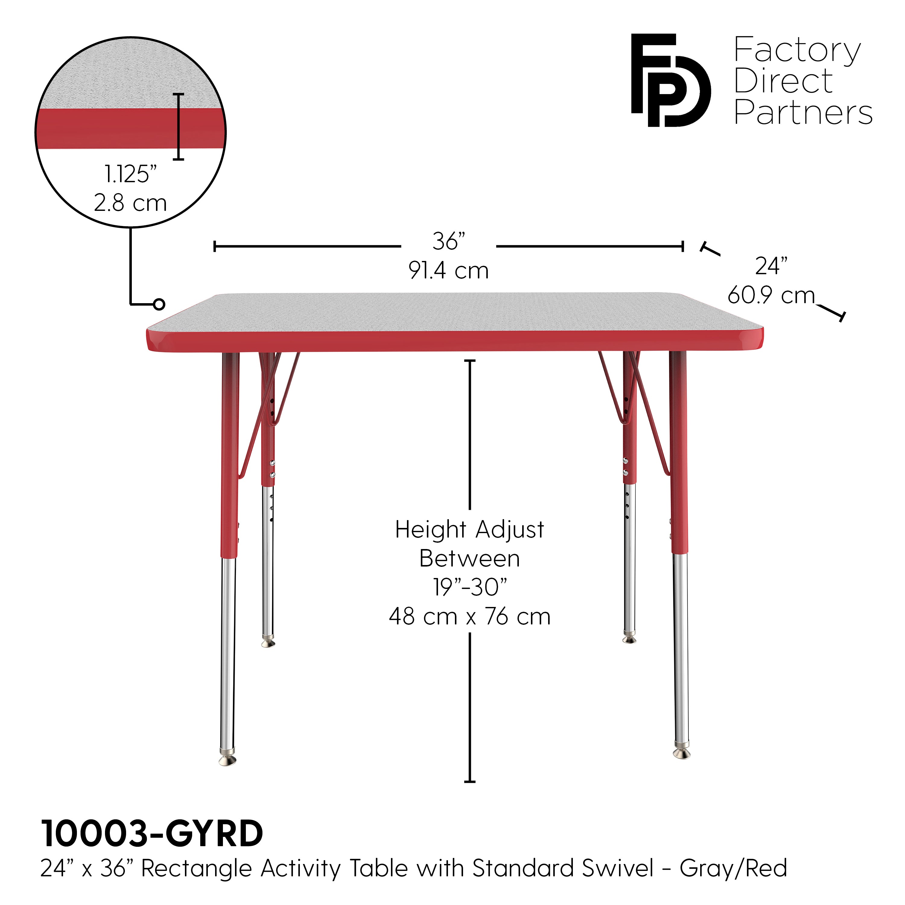 24" x 36" Rectangle T-Molding Activity Table with Adjustable Standard Swivel Glide Legs - Gray/Red