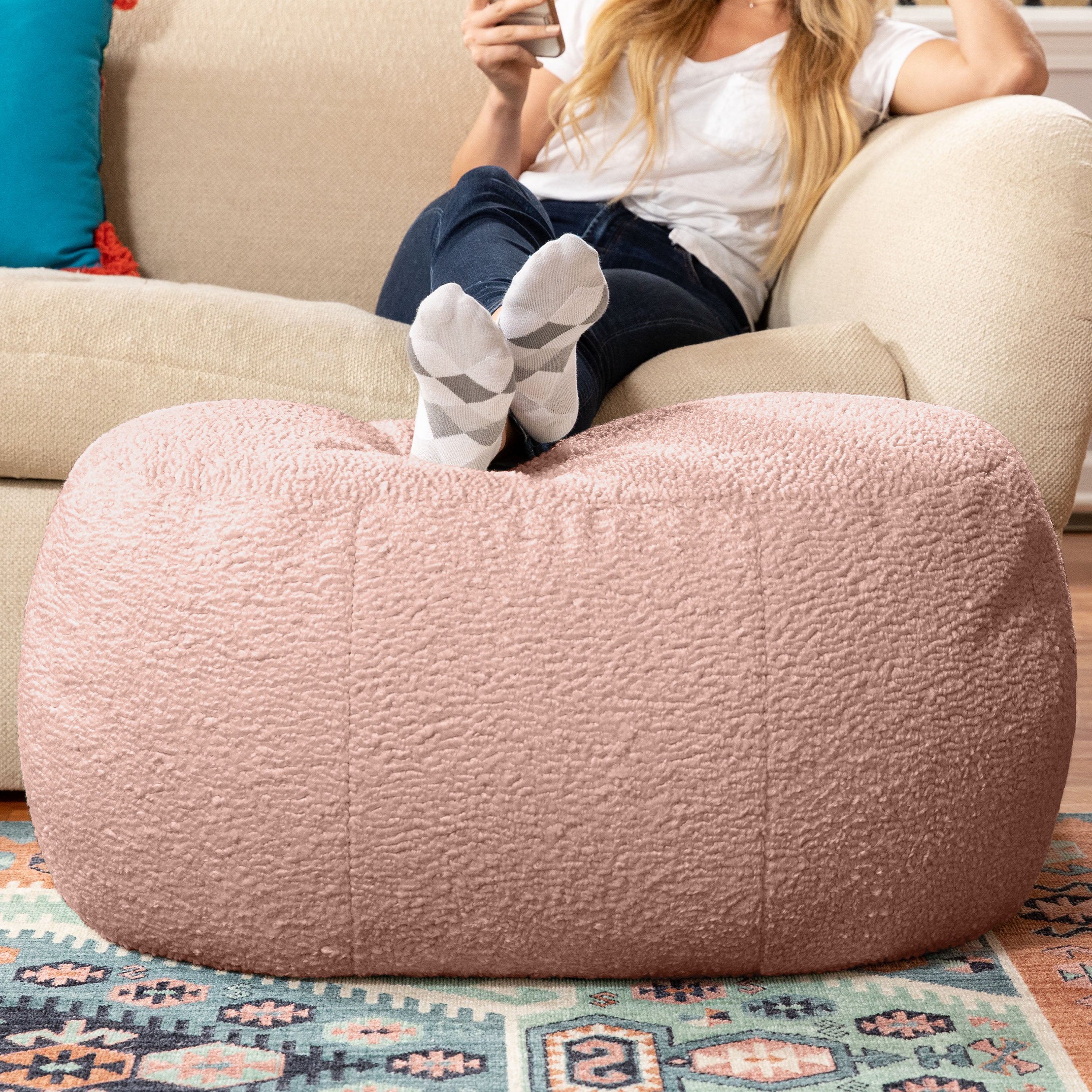 Jaxx Ellis Ottoman Shearling Faux-Lamb Plush Pouf for Modern Interior Design, Oval, Pink