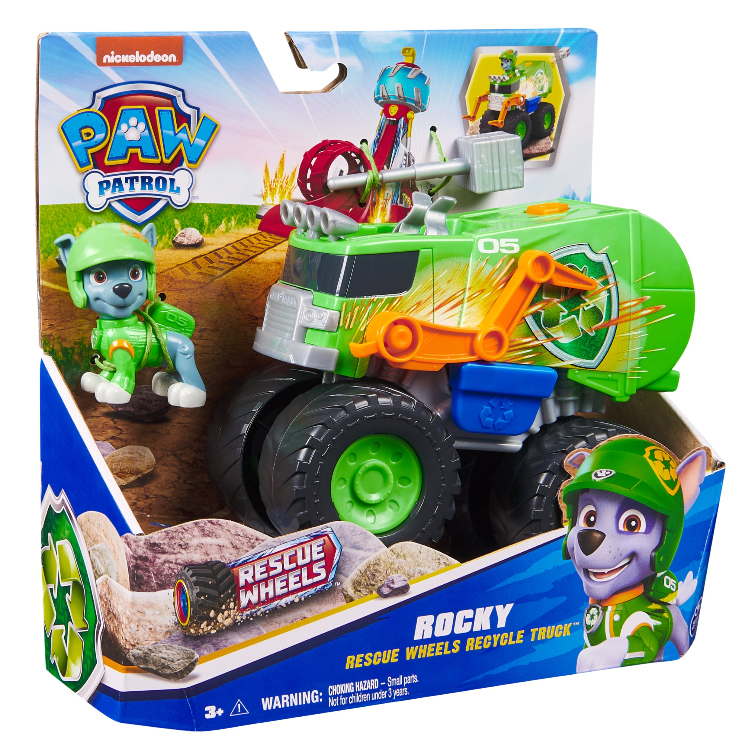 PAW Patrol: Rescue Wheels Rocky’s Recycle Truck, Toy Truck with Projectile Launcher and Collectible Action Figure, Kids Toys for Boys & Girls Ages 3+