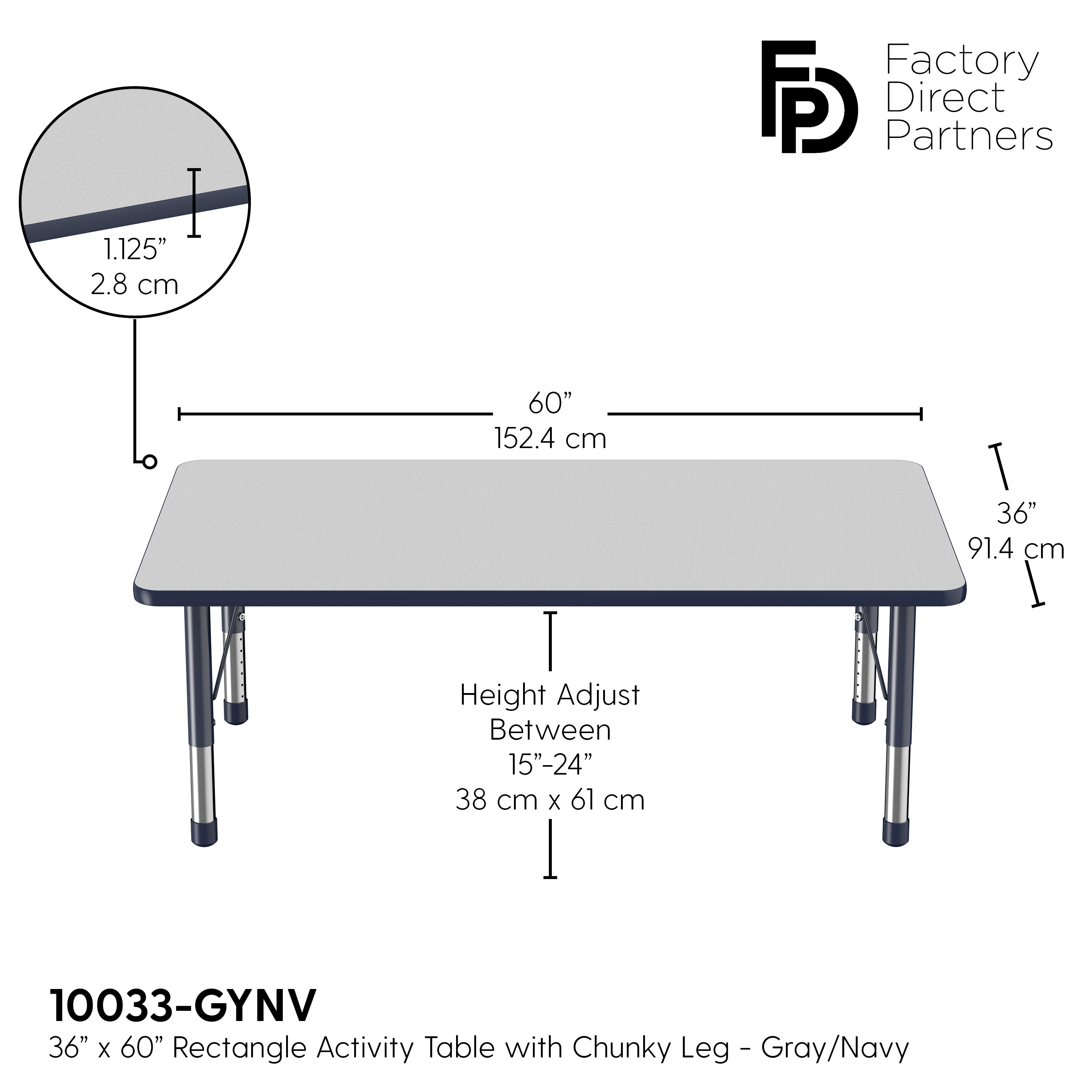 36" x 60" Rectangle T-Molding Activity Table with Adjustable Chunky Legs - Gray/Navy