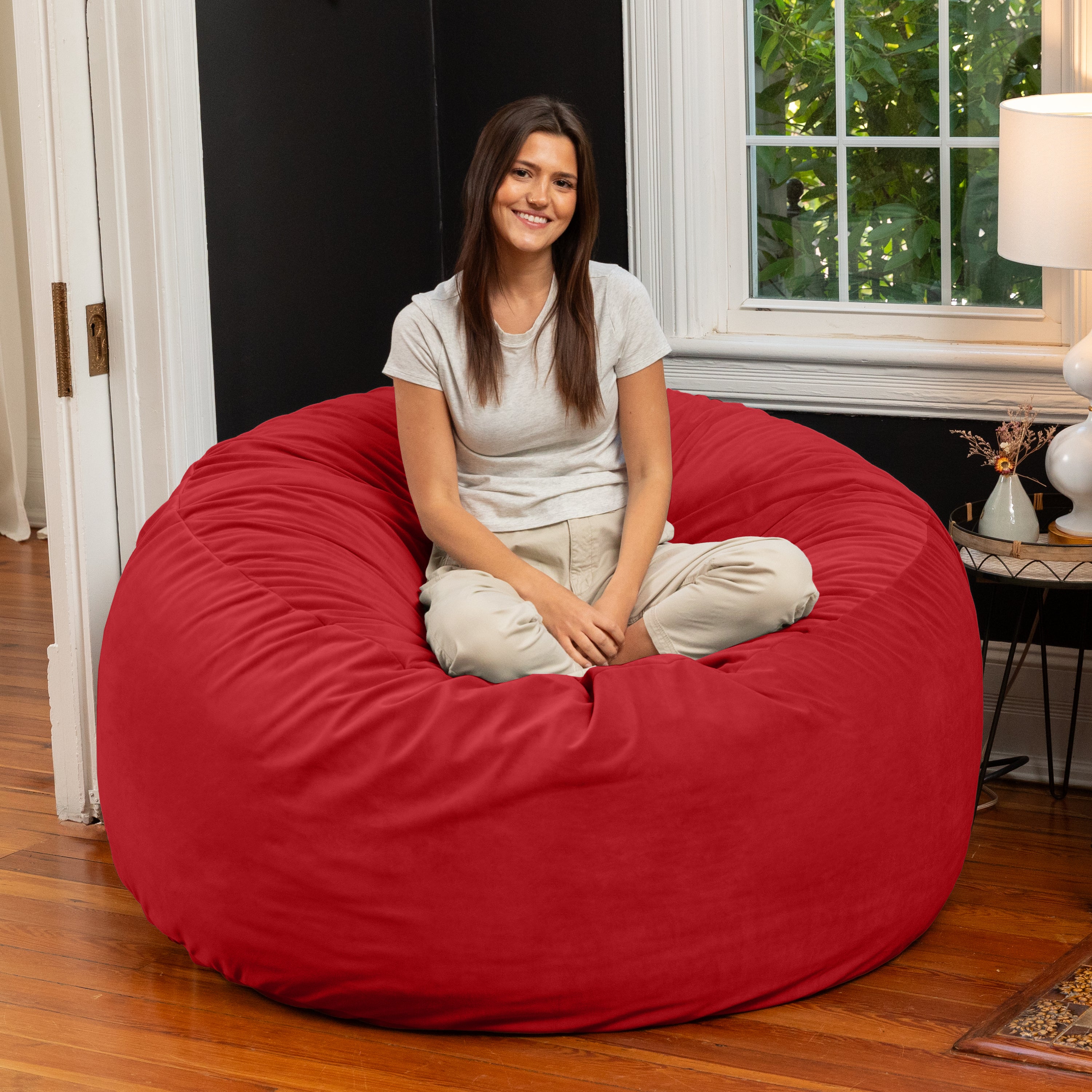 Jaxx 5 Foot Saxx - Large Round Bean Bag Chair for Adults - Lush Velvet Merlot