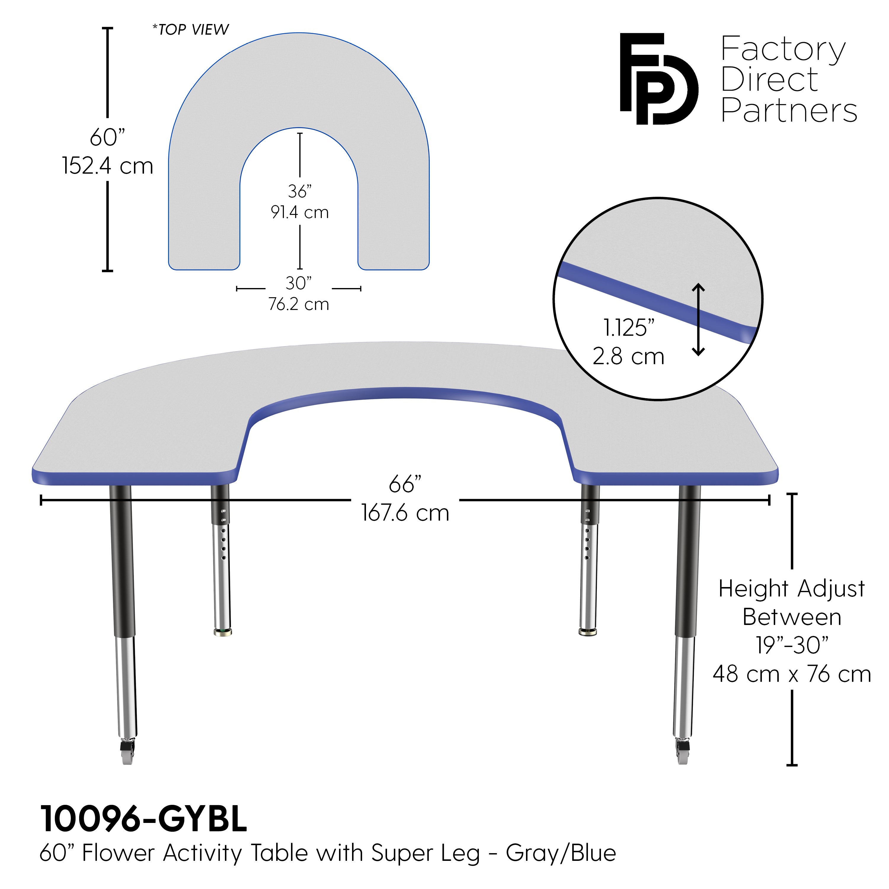 60" x 66" Horseshoe T-Molding Activity Table with Adjustable Super Legs - Gray/Blue/Black