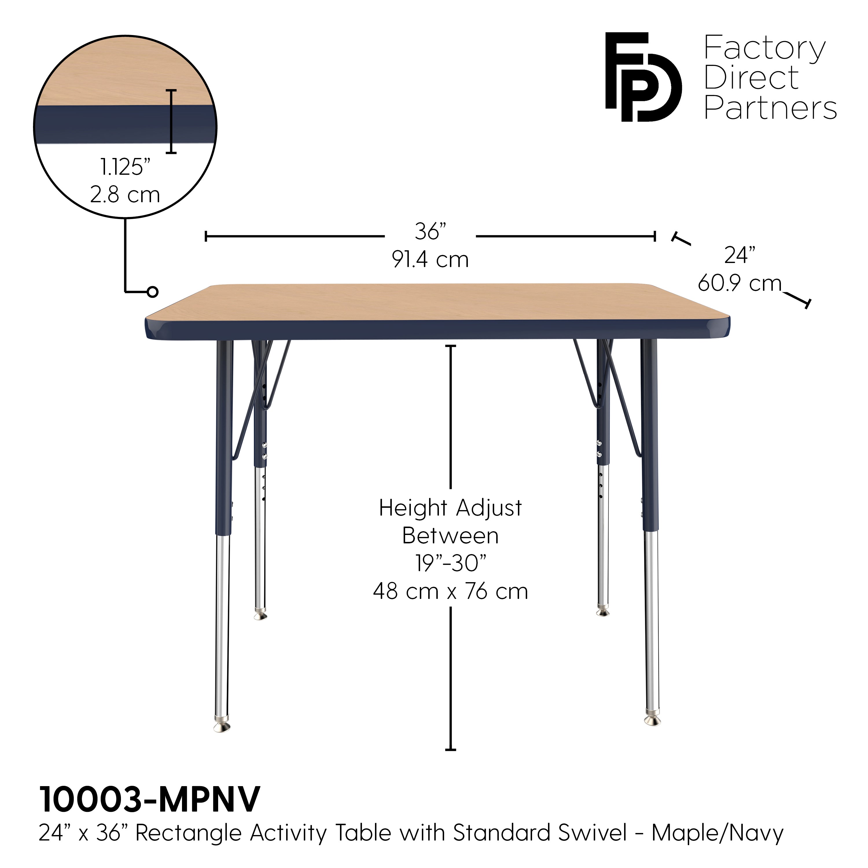 24" x 36" Rectangle T-Molding Activity Table with Adjustable Standard Swivel Glide Legs - Maple/Navy