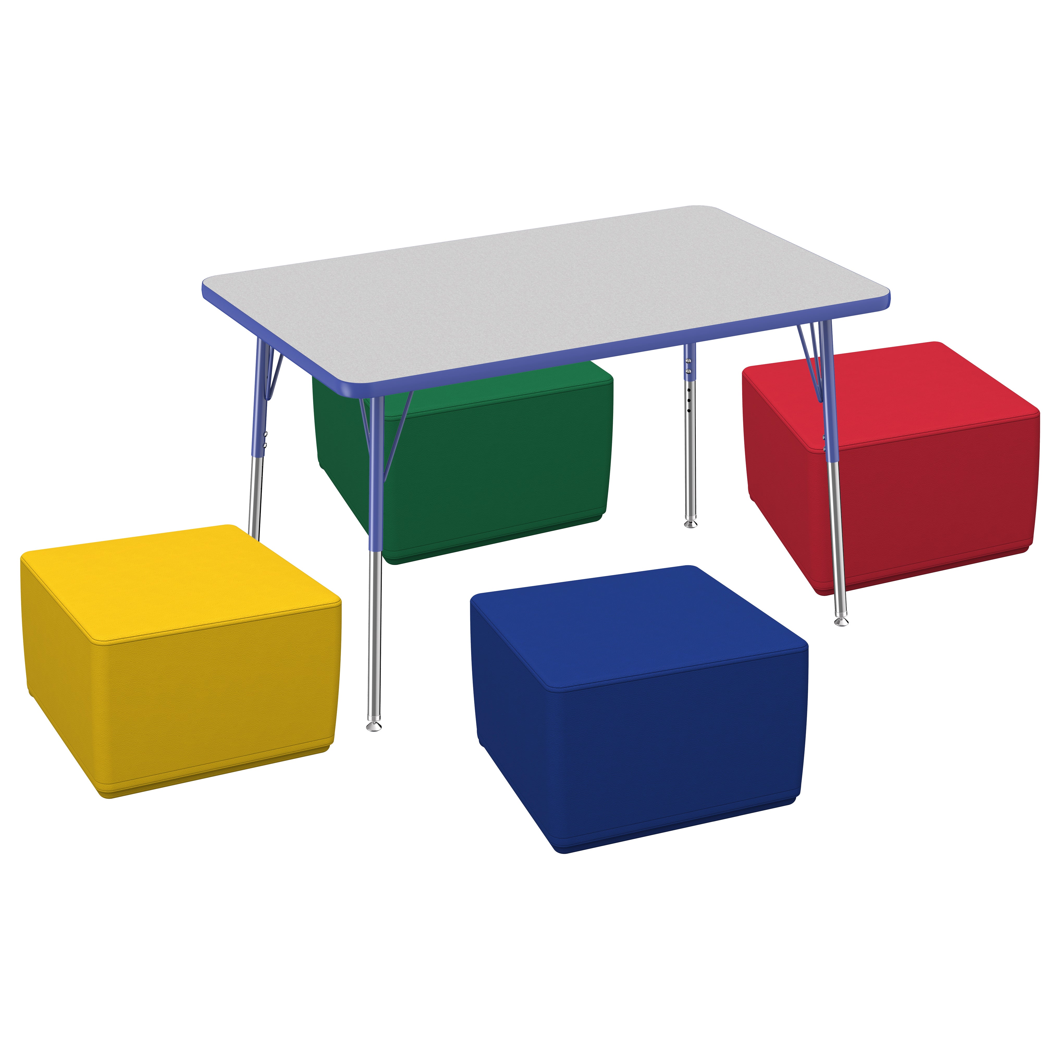 30" x 48" Rectangle T-Molding Activity Table with Standard Swivel Legs and Square Ottomans 12" Height, 5-Piece Set - Gray/Blue/Assorted