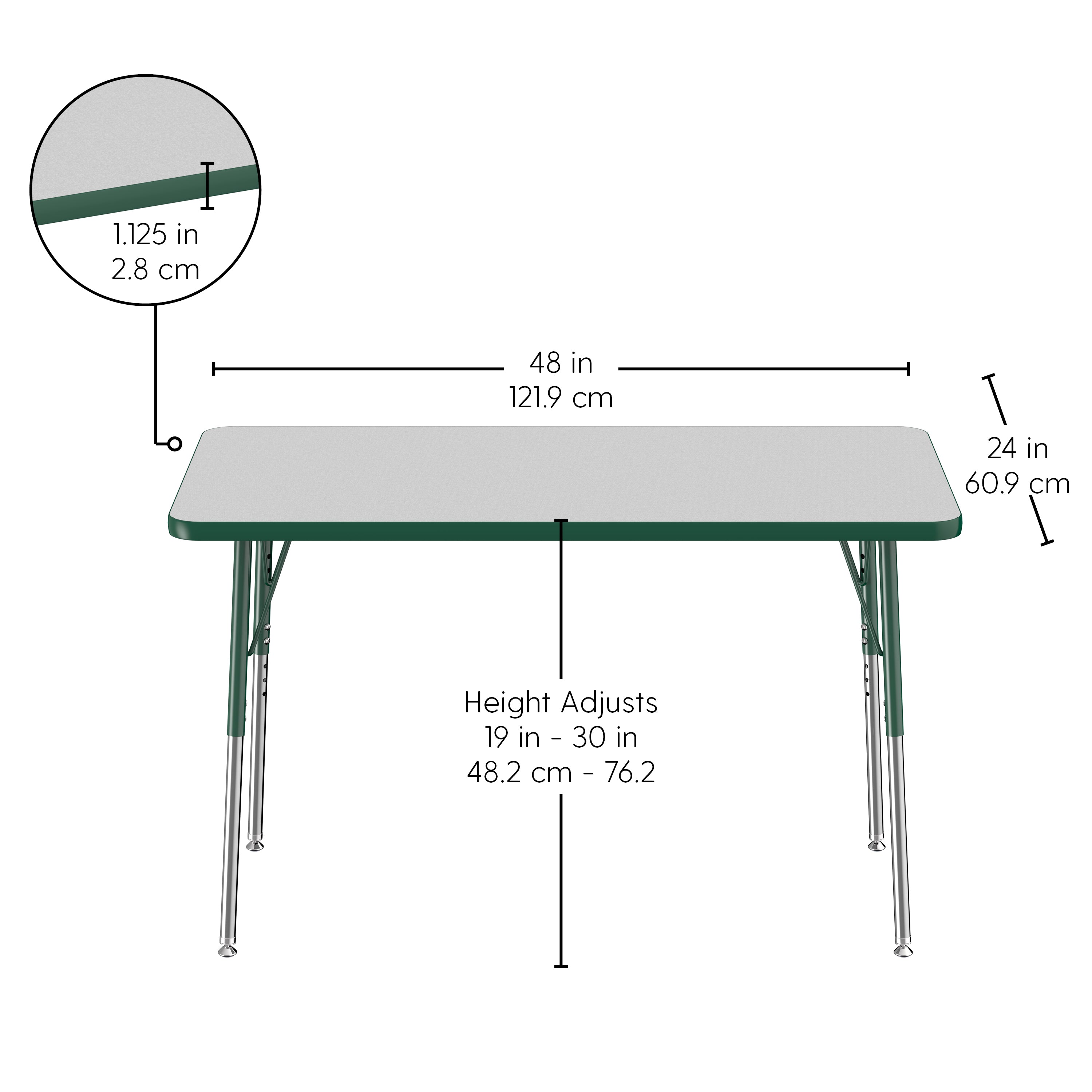 24" x 48" Rectangle T-Molding Activity Table with Adjustable Standard Swivel Glide Legs - Gray/Green